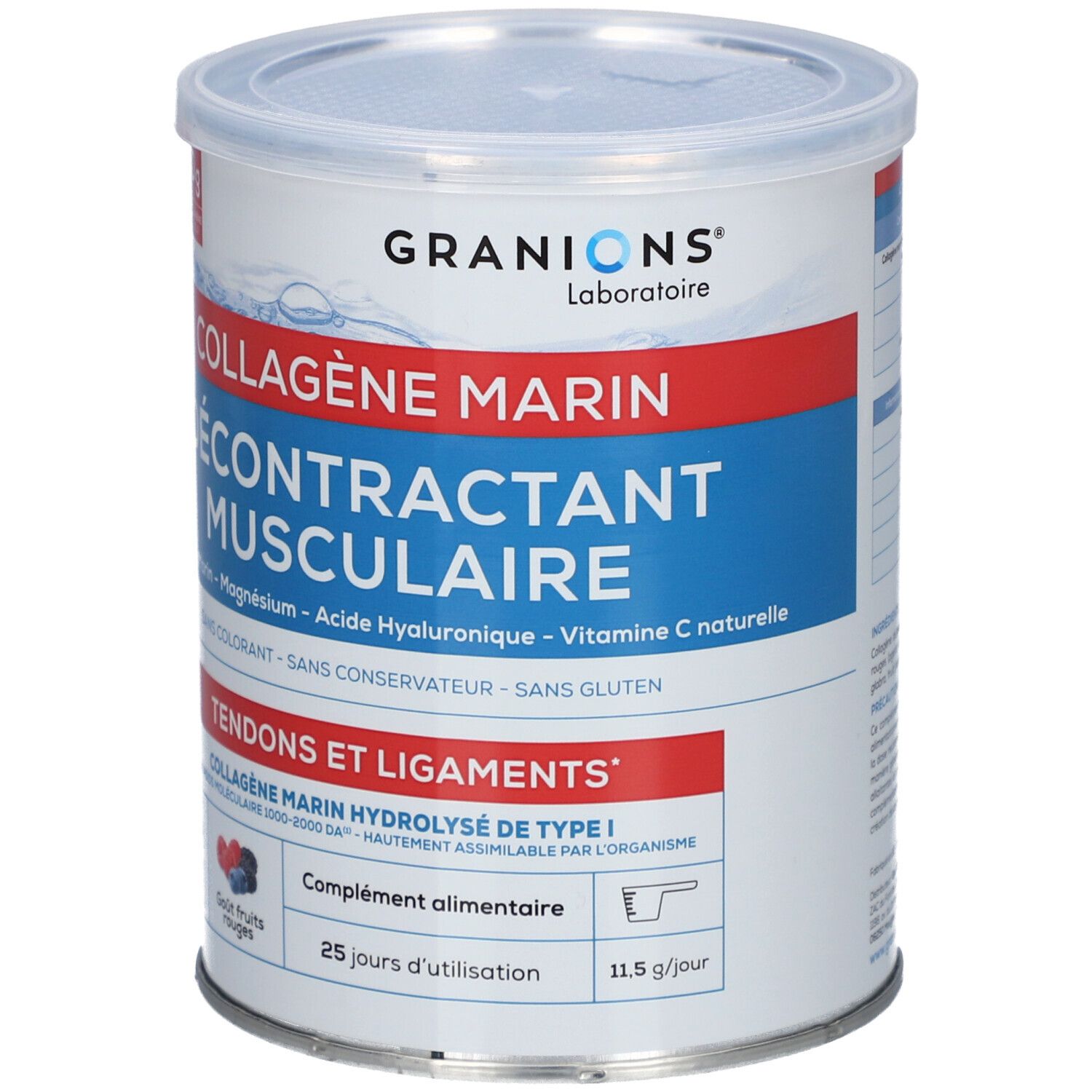 Boîte cylindrique avec couvercle. Inscription: GRANIONS, COLLAGÈNE MARIN DÉCONTRACTANT MUSCULAIRE. Contient 10g de collagène par jour.