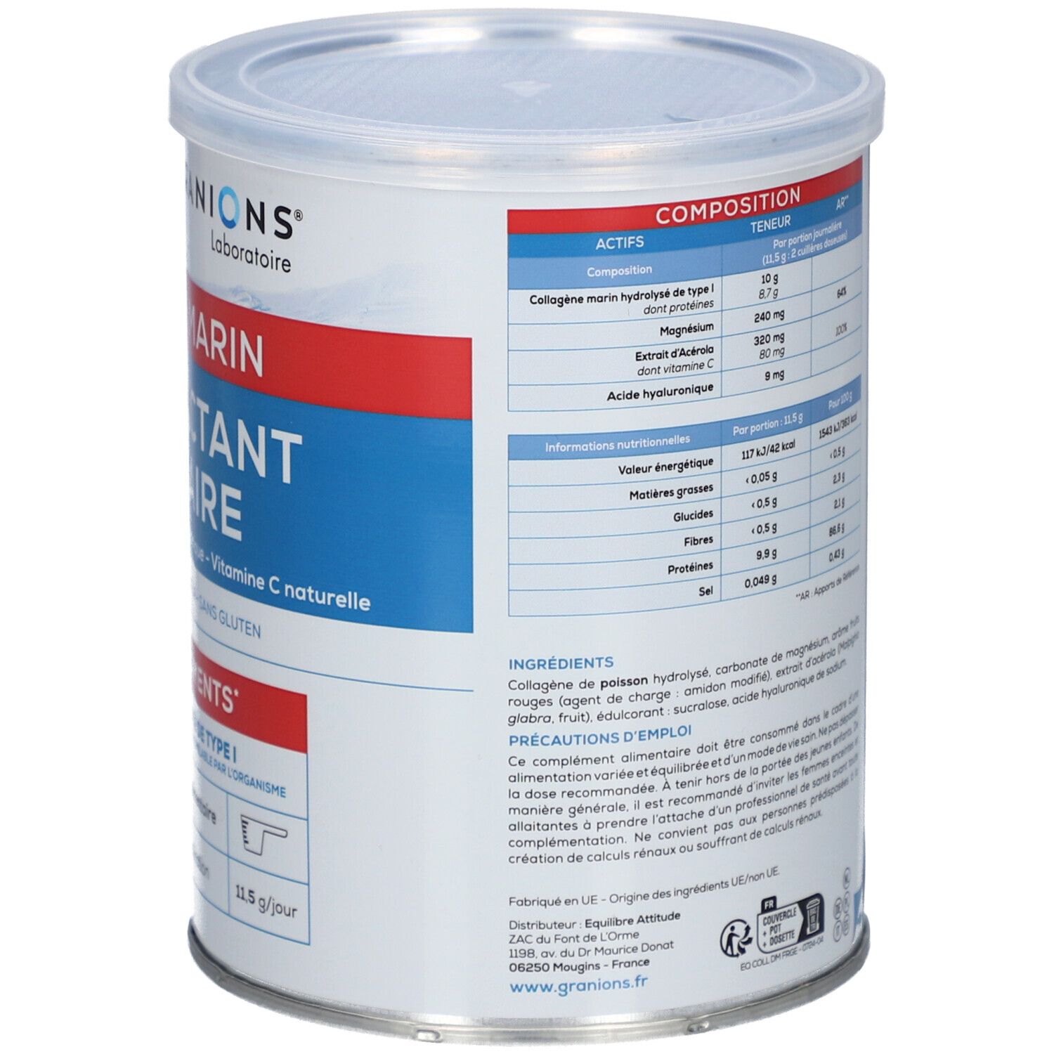 Boîte cylindrique avec couvercle. Dos avec informations nutritionnelles et ingrédients. Marque: GRANIONS.