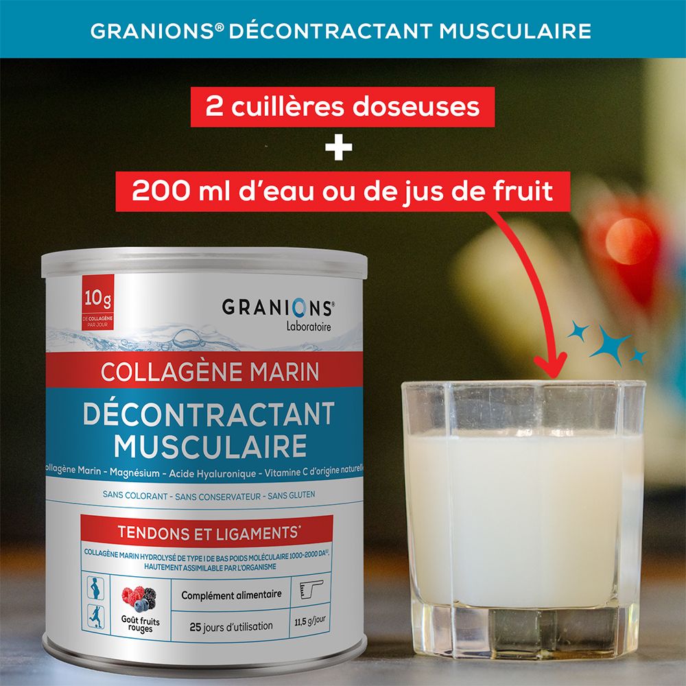 Boîte GRANIONS Collagène Marin, avec verre. 2 cuillères doseuses + 200 ml eau ou jus. Produit en liquide.