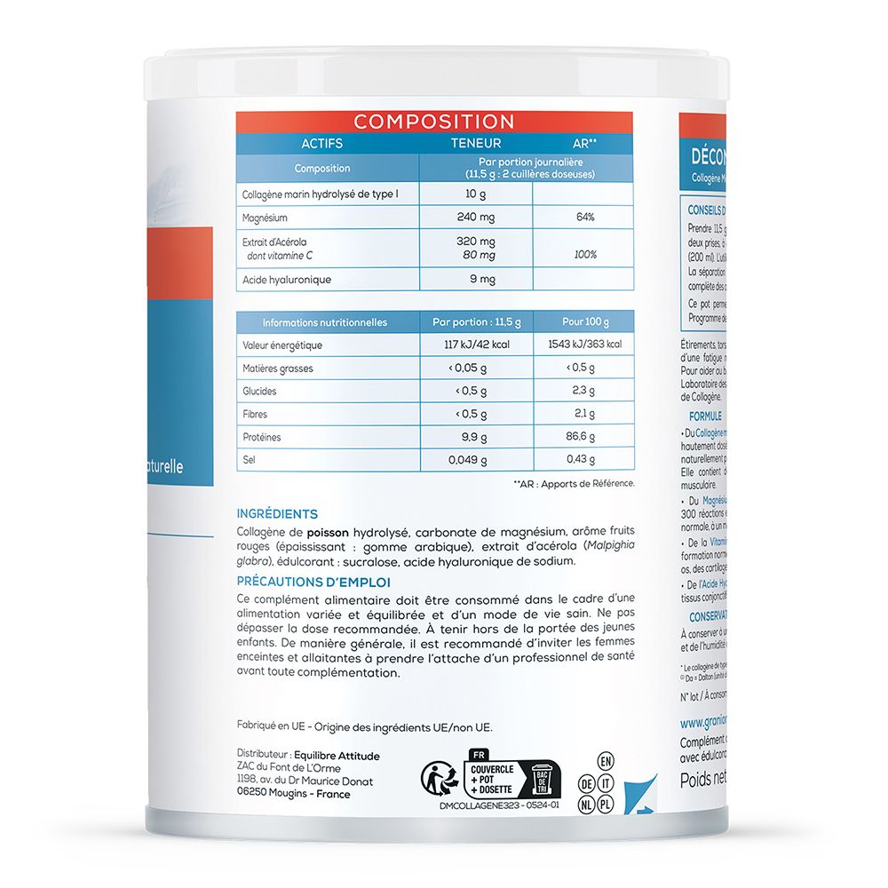 Dos de la boîte GRANIONS Collagène Marin. Composition, informations nutritionnelles, ingrédients, conseils d'utilisation.
