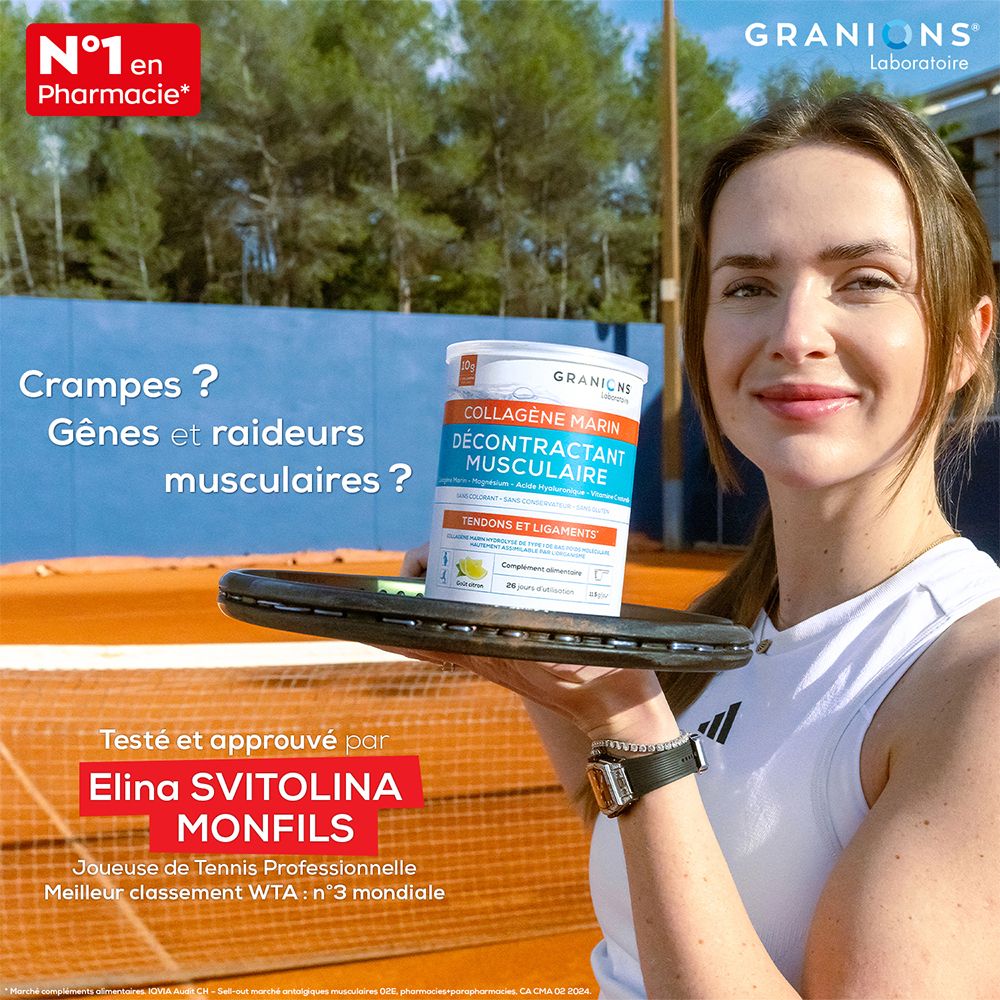 Joueuse de tennis avec boîte GRANIONS Collagène Marin. Texte: N°1 en pharmacie. Testé et approuvé par Elina Svitolina.