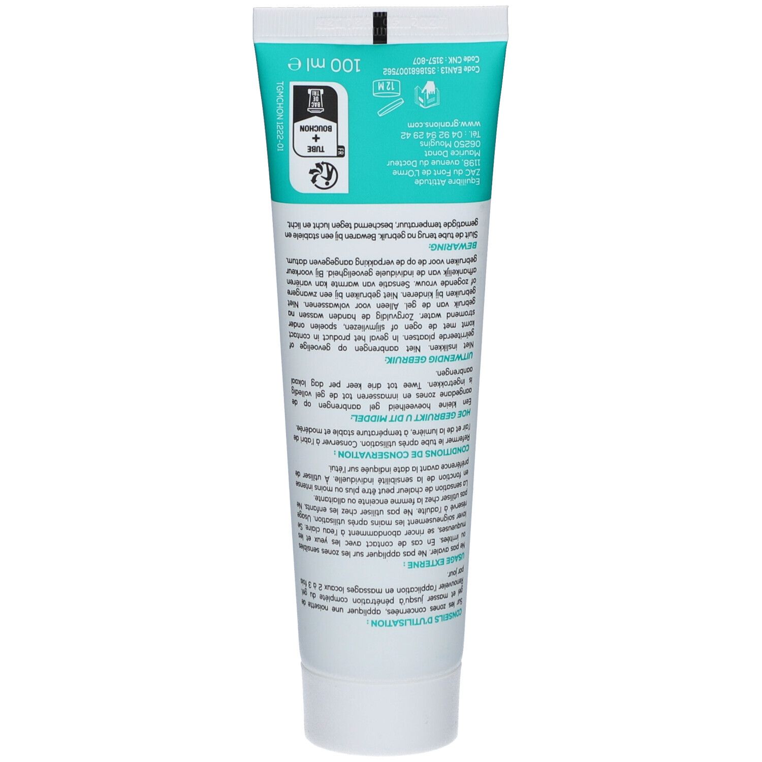 Dos du tube de gel Chondrostéo. Couleurs turquoise et blanc. Texte et symboles. 100 ml.