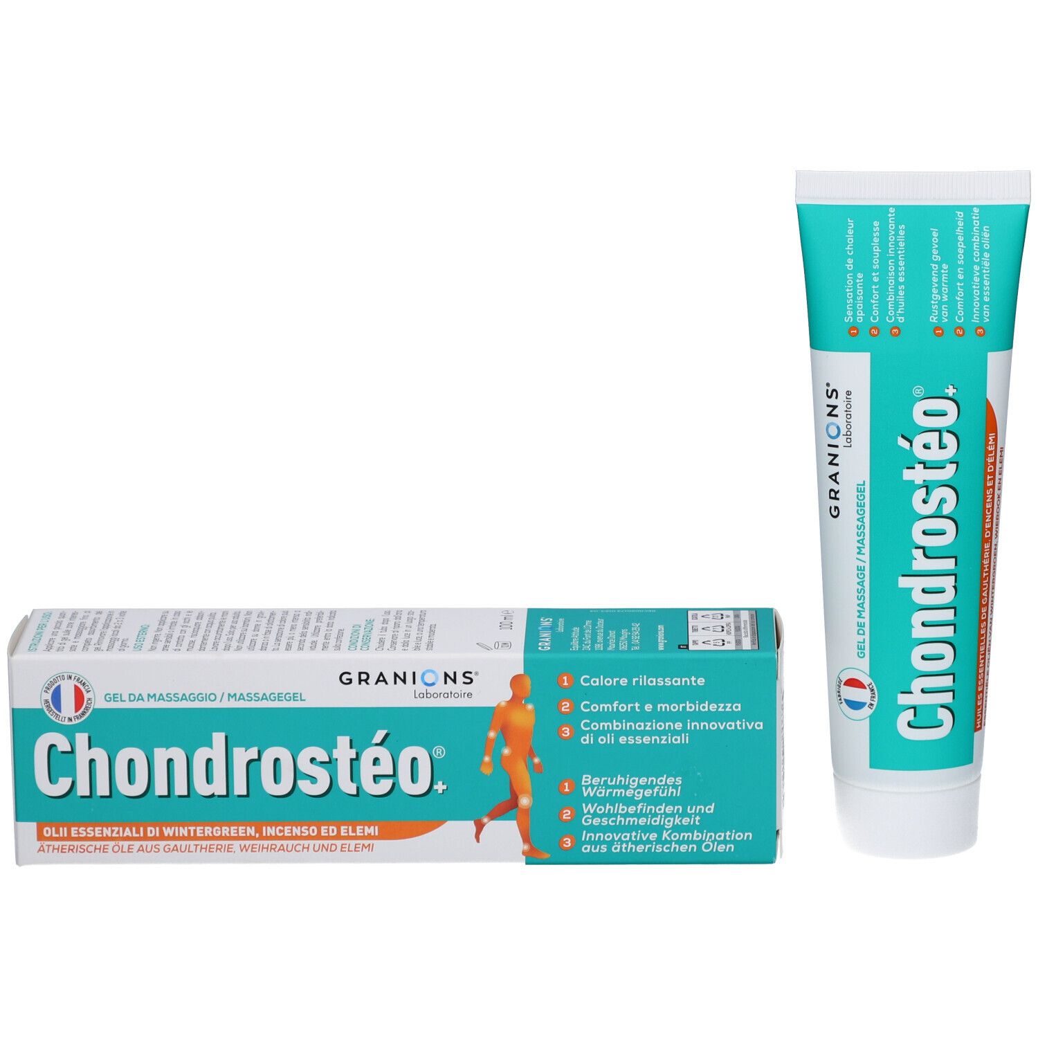 Tube et boîte de gel Chondrostéo. Turquoise et blanc. Texte: GRANIONS, Chondrostéo, Gel de massage. Illustration d'une personne.