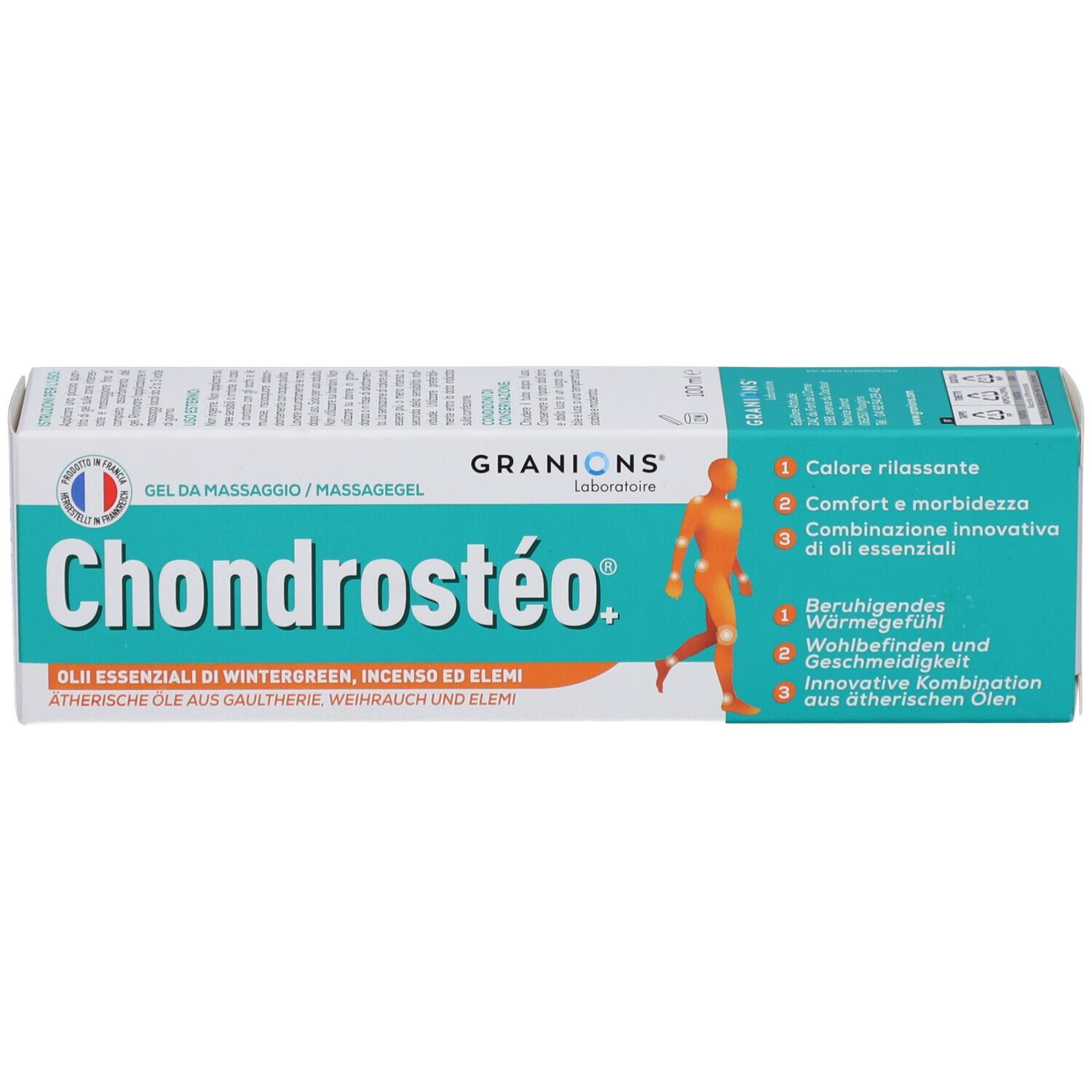 Boîte de gel Chondrostéo. Turquoise et blanc. Texte: GRANIONS, Chondrostéo, Gel de massage. Illustration d'une personne.