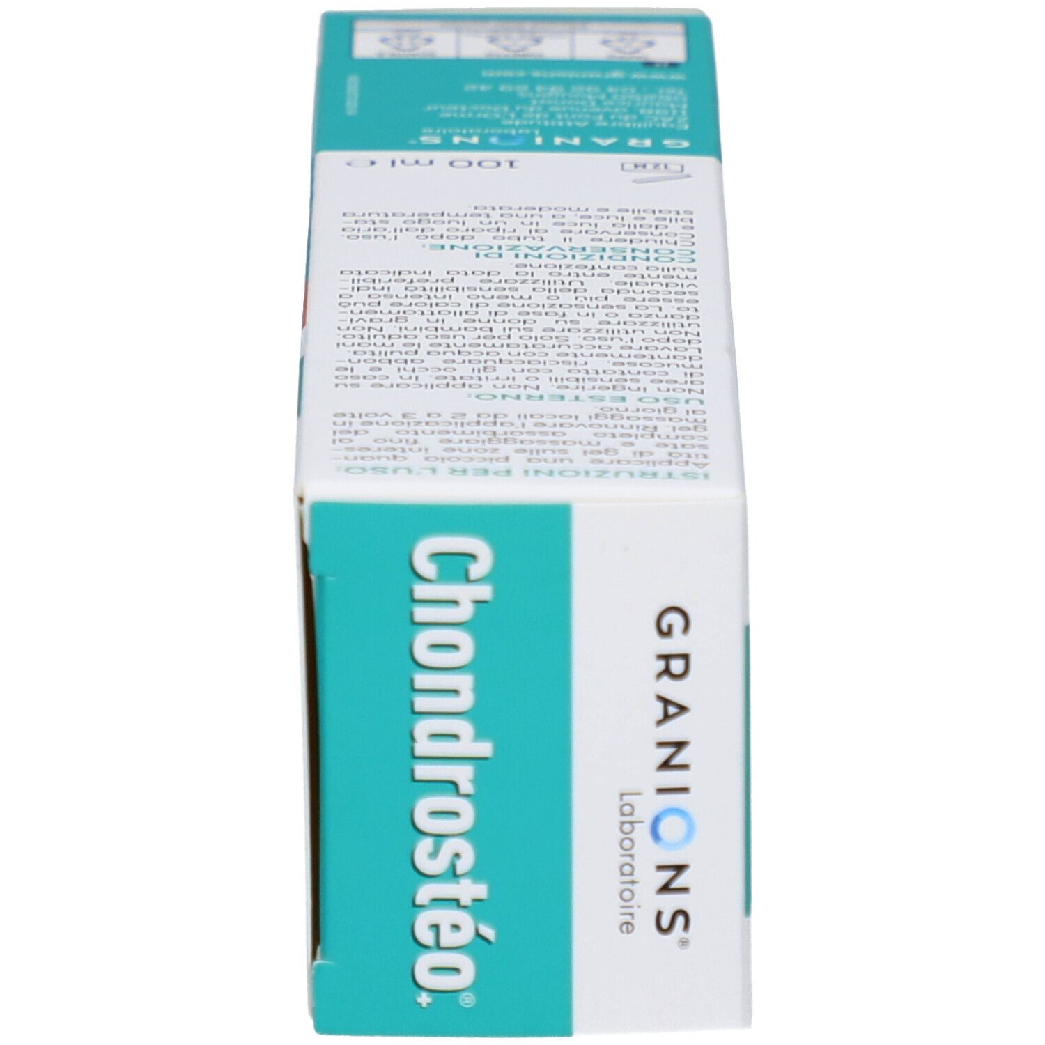 Vue latérale de la boîte de gel Chondrostéo. Turquoise et blanc. Texte: GRANIONS, Chondrostéo.