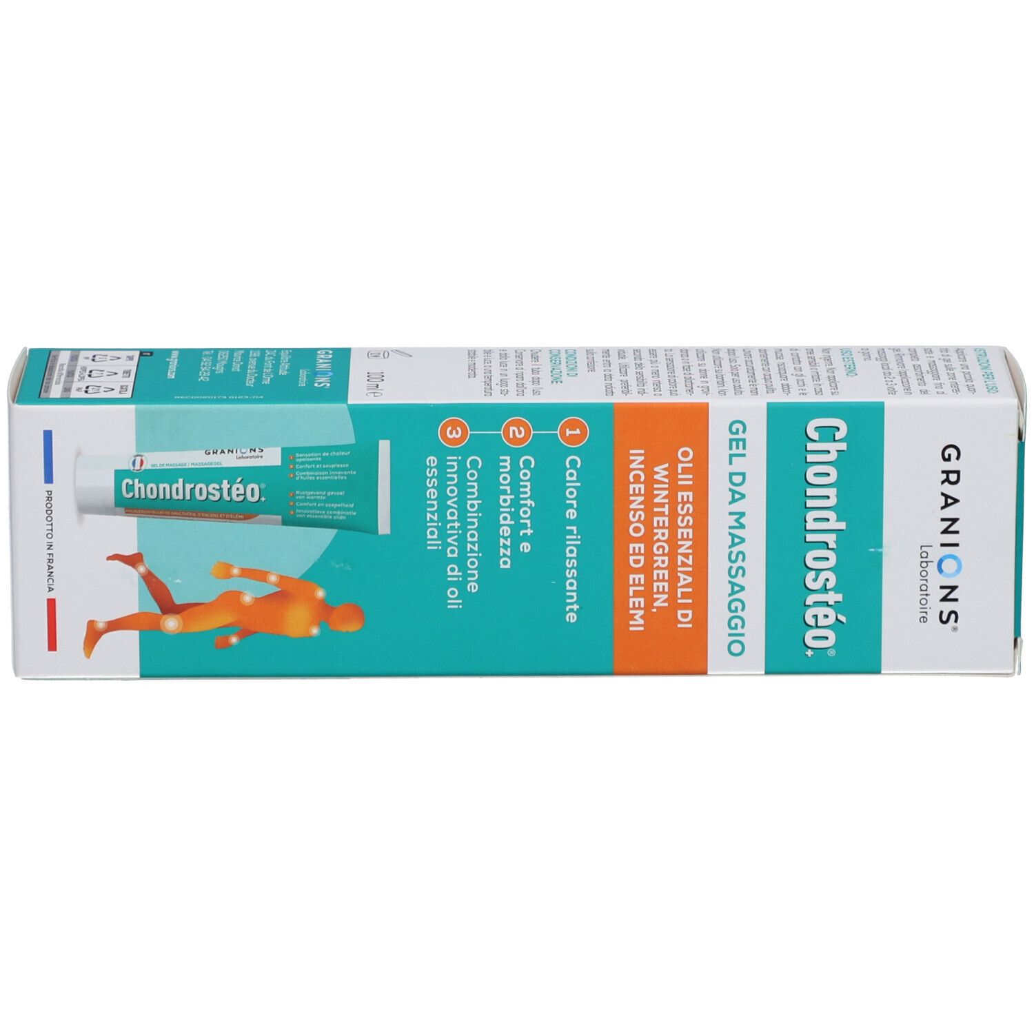 Boîte et tube de gel Chondrostéo. Turquoise et blanc. Texte: GRANIONS, Chondrostéo, Gel de massage. Illustration d'une personne.