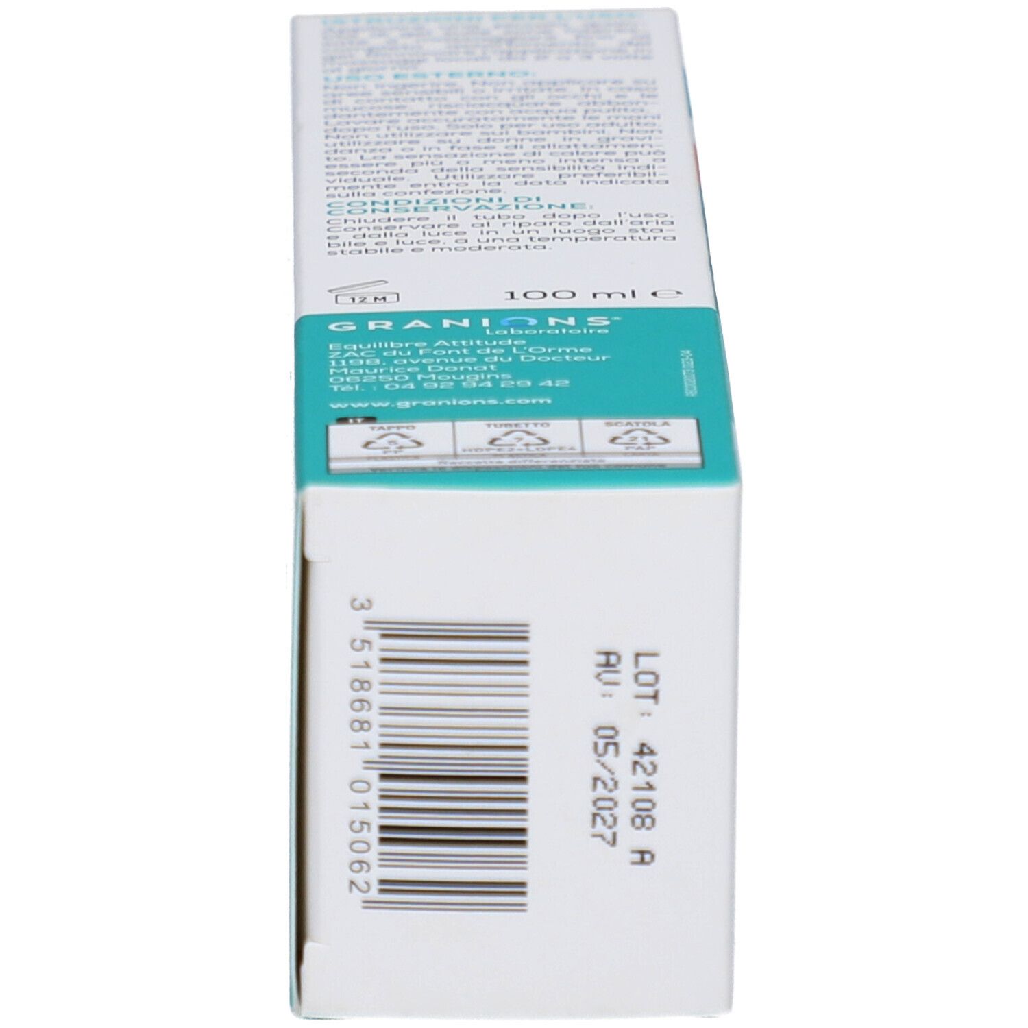 Dos de la boîte de gel Chondrostéo. Turquoise et blanc. Texte, code-barres, numéro de lot, date de péremption.