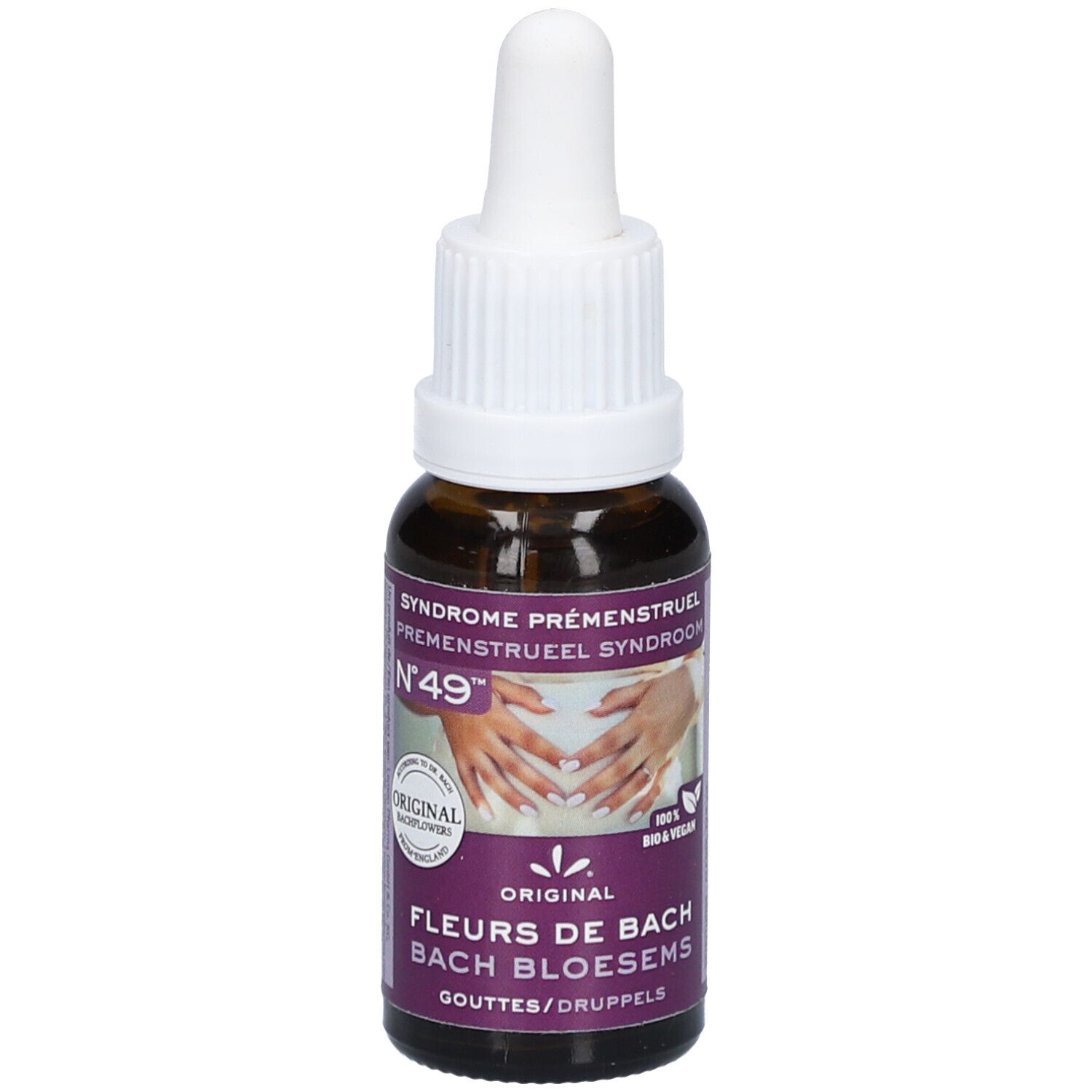 Flacon en verre brun avec compte-gouttes blanc. Étiquette avec texte: Syndrome prémenstruel, N°49, Fleurs de Bach. Label bio.