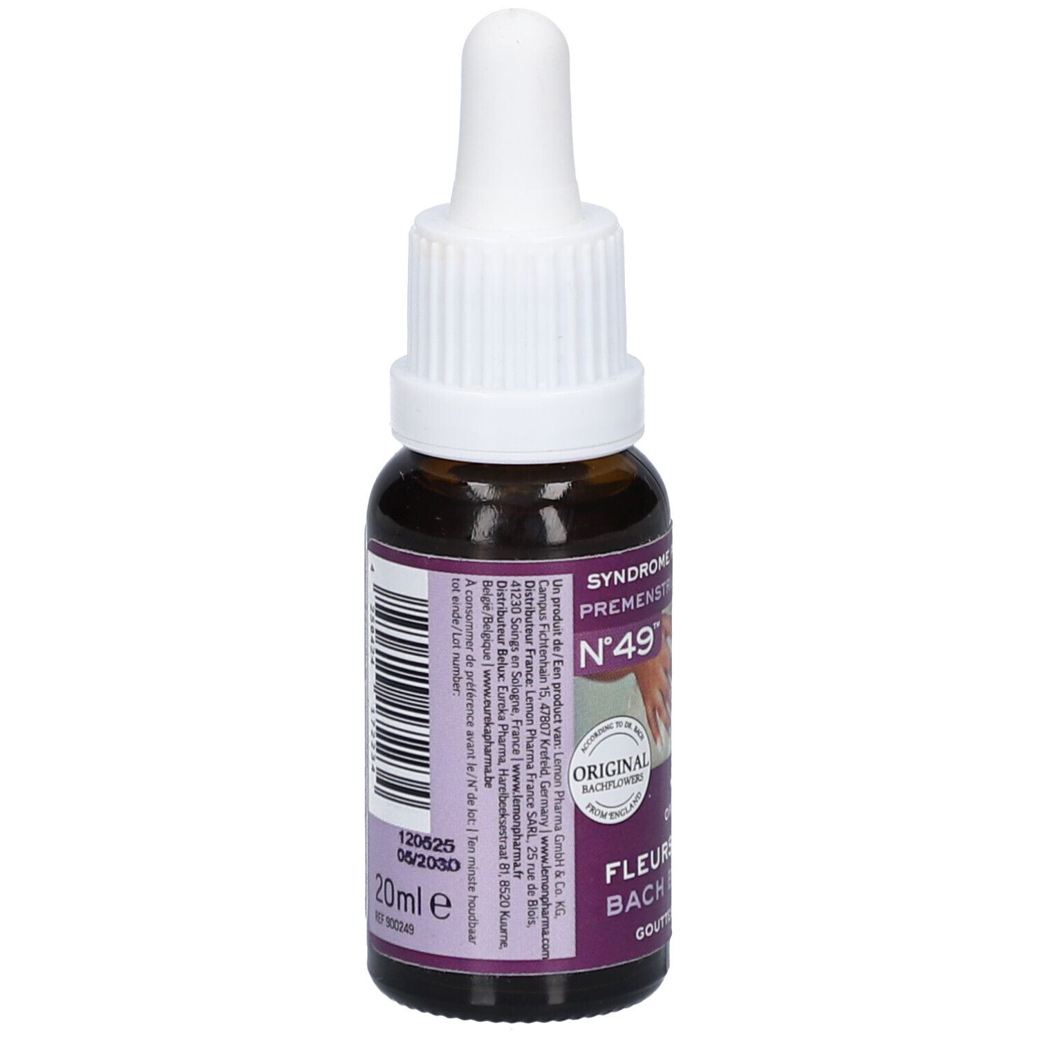 Flacon en verre brun avec compte-gouttes blanc. Dos avec texte et code-barres. Volume: 20ml. Date de péremption: 06/2020. Label bio.