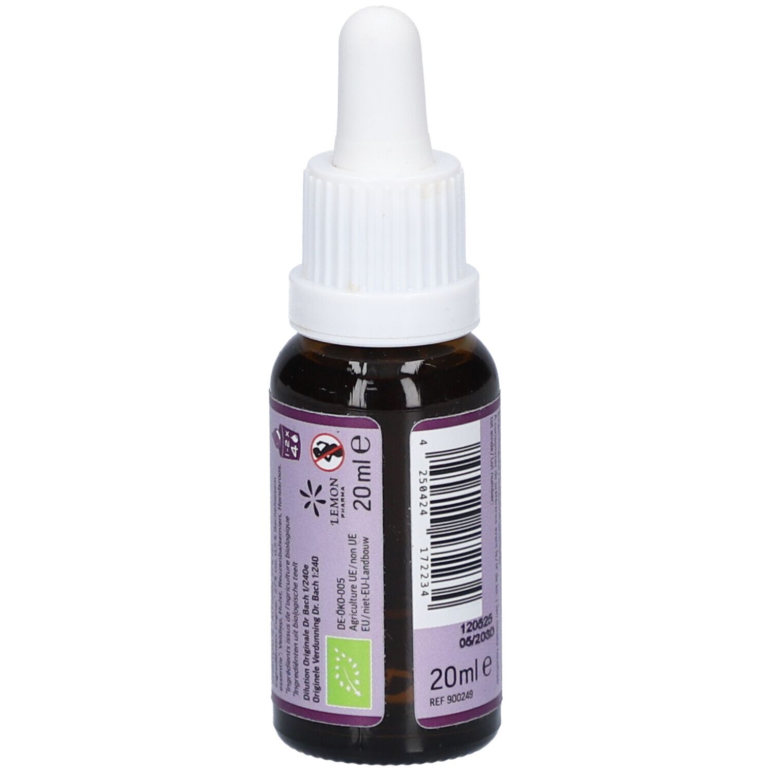 Flacon en verre brun avec compte-gouttes blanc. Dos avec texte, code-barres et indication de volume 20ml. Label bio.