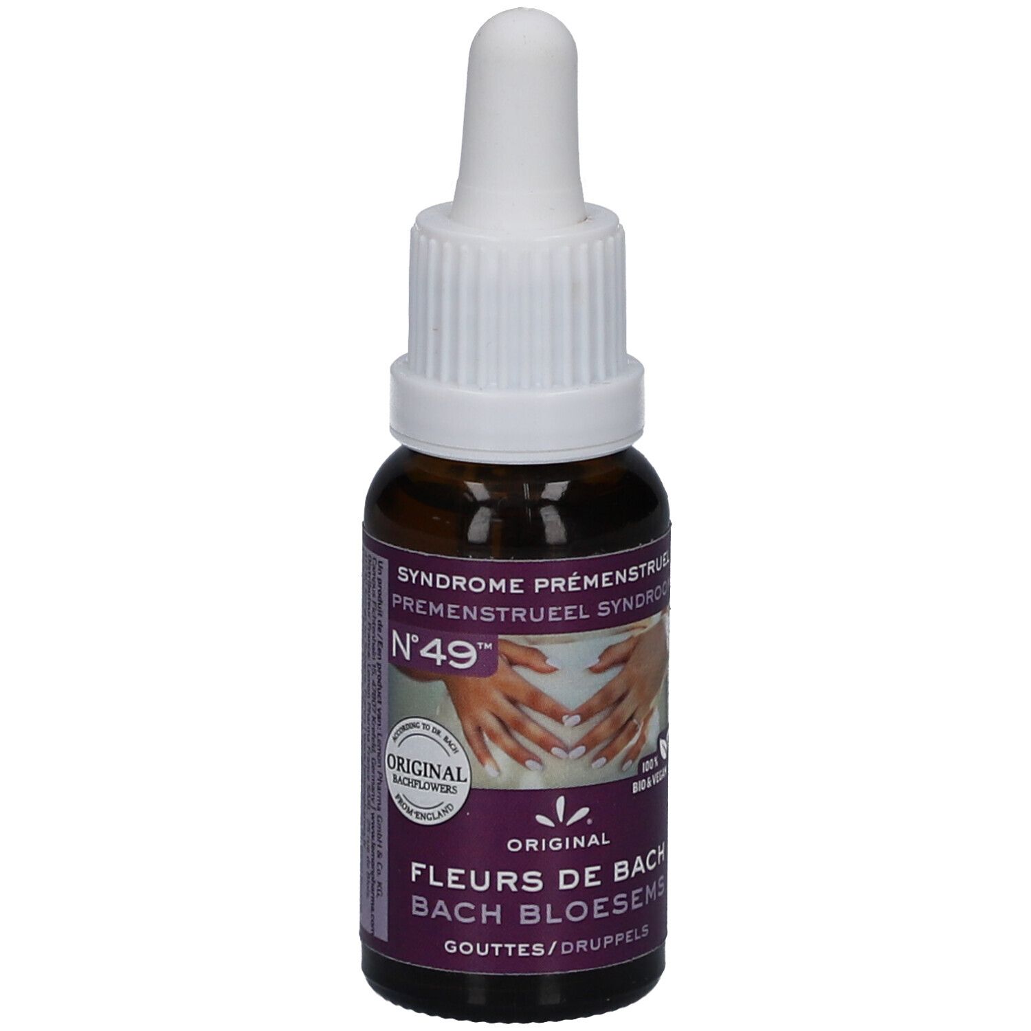 Flacon en verre brun avec compte-gouttes blanc. Étiquette avec texte: Syndrome prémenstruel, N°49, Fleurs de Bach. Label bio.
