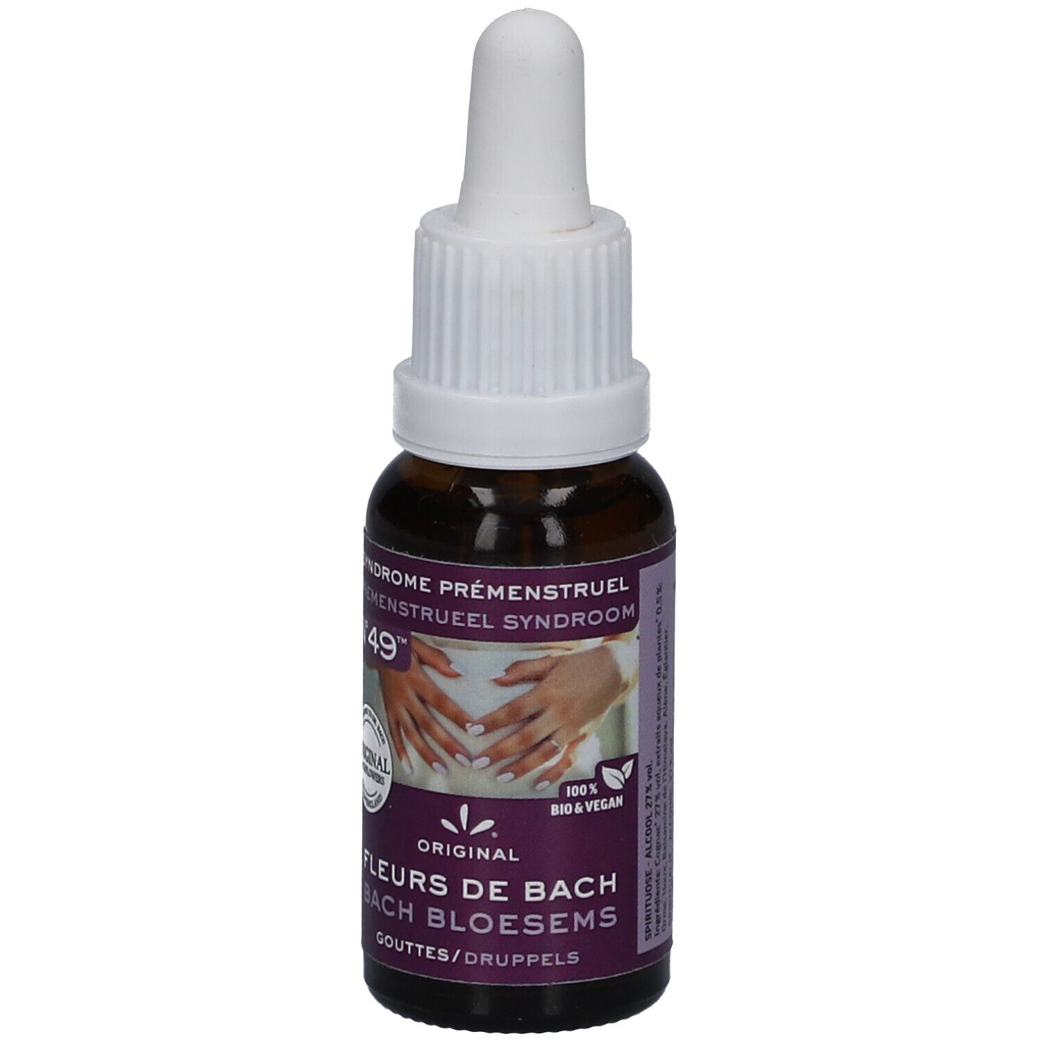 Flacon en verre brun avec compte-gouttes blanc. Étiquette avec texte: Syndrome prémenstruel, N°49, Fleurs de Bach. Bio & Vegan.