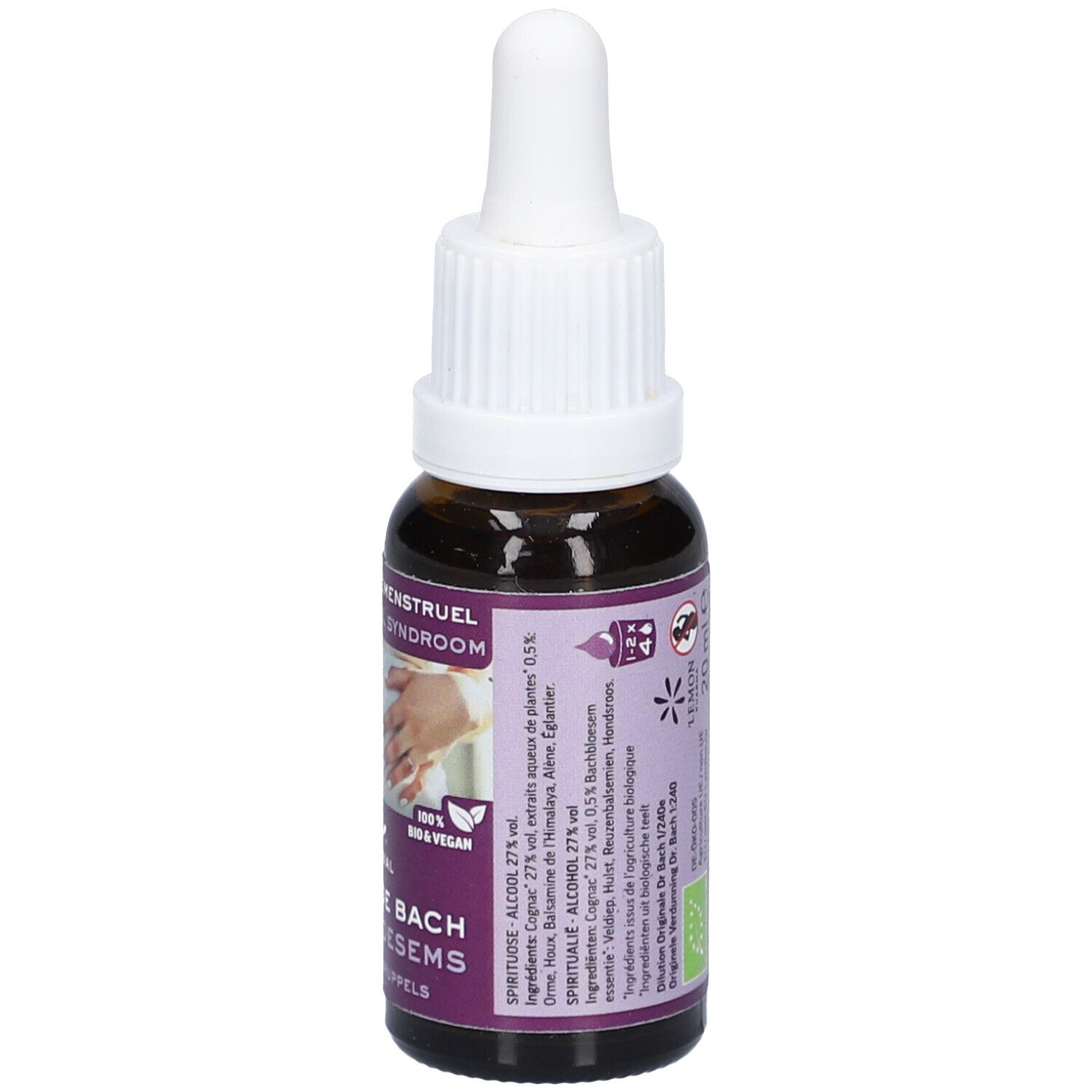 Flacon en verre brun avec compte-gouttes blanc. Étiquette avec texte, ingrédients et label bio. 100% Bio & Vegan.