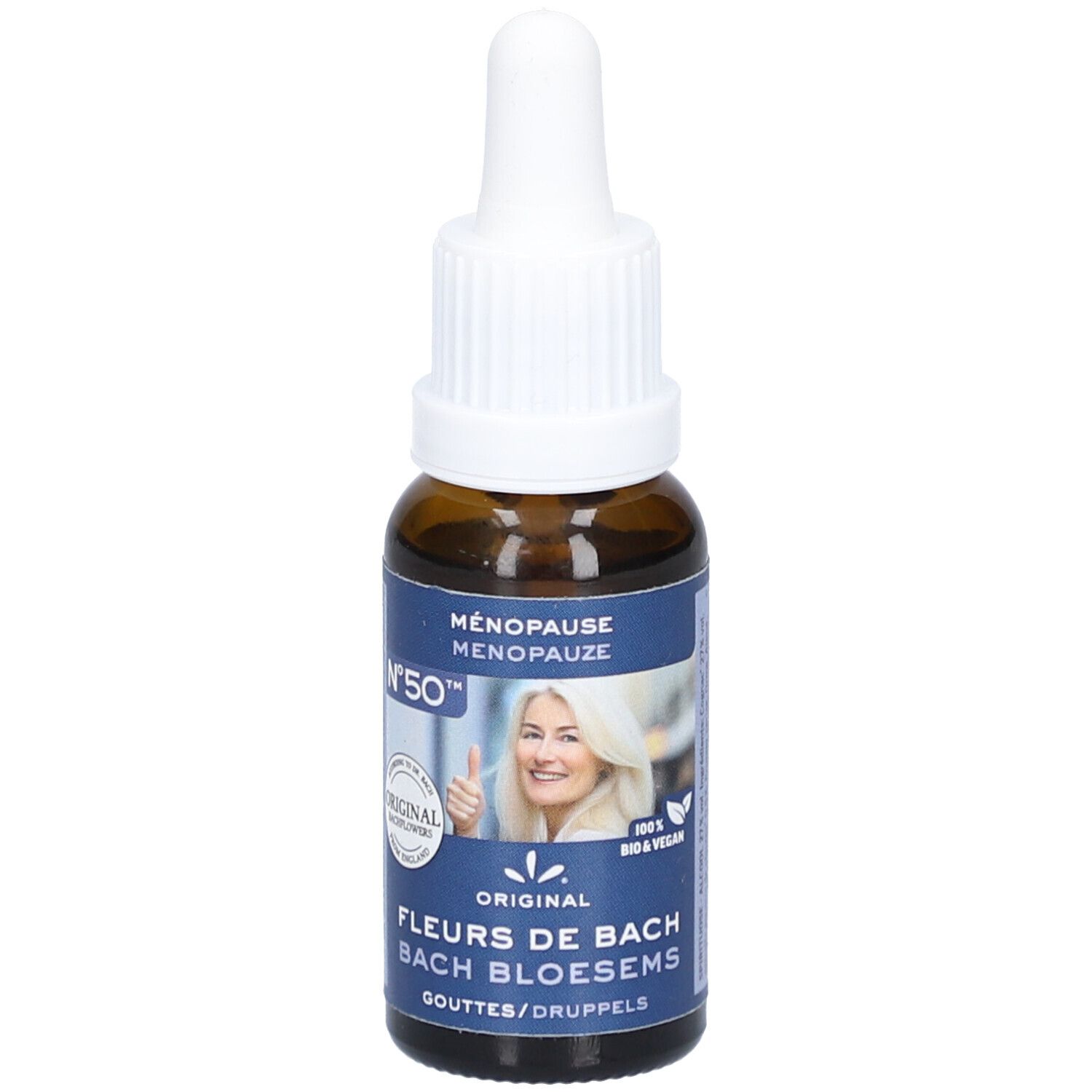 Flacon en verre brun avec bouchon blanc. Étiquette avec nom du produit, femme et pouce levé. Bio & vegan.
