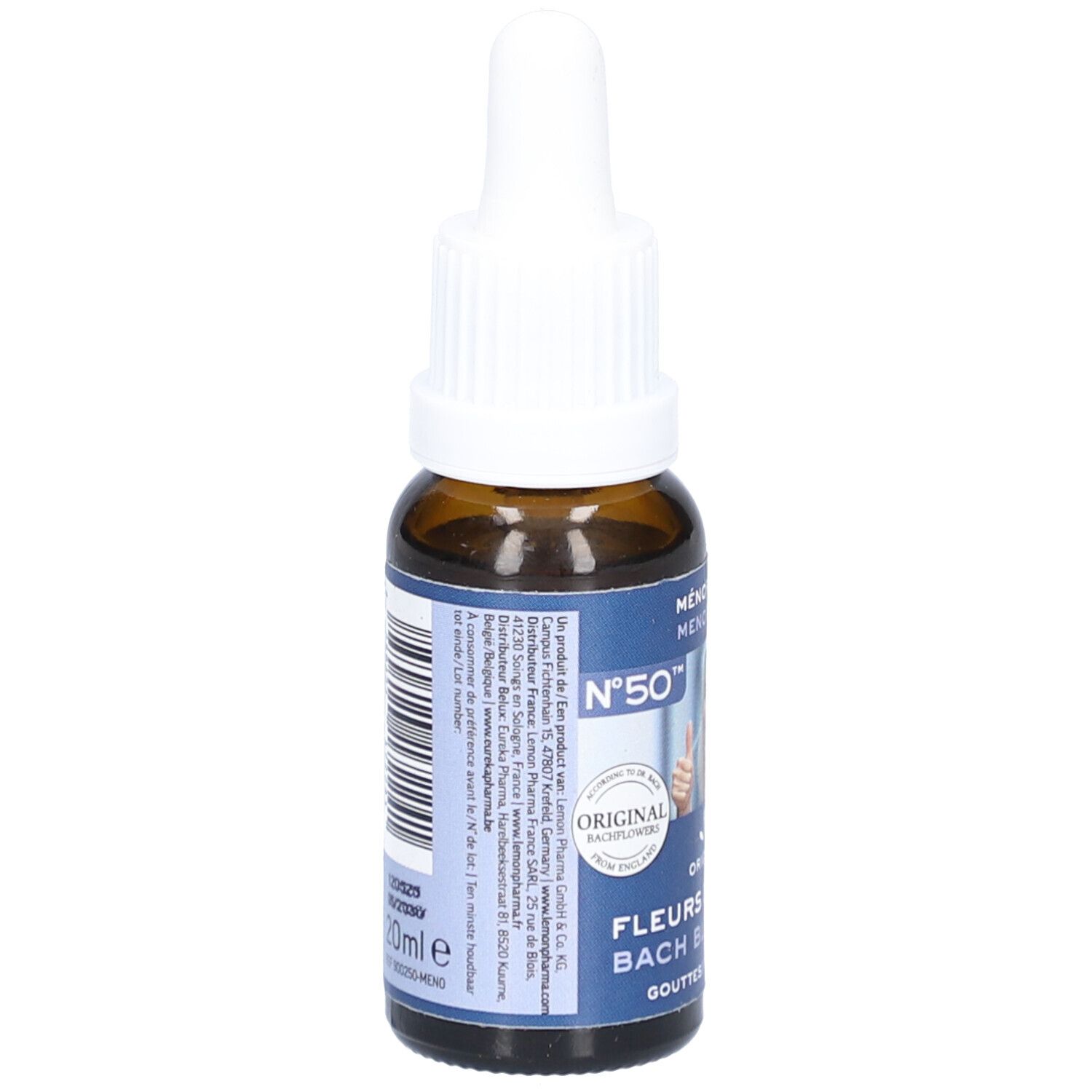 Flacon en verre brun avec bouchon blanc. Dos avec texte et code-barres. 20ml.