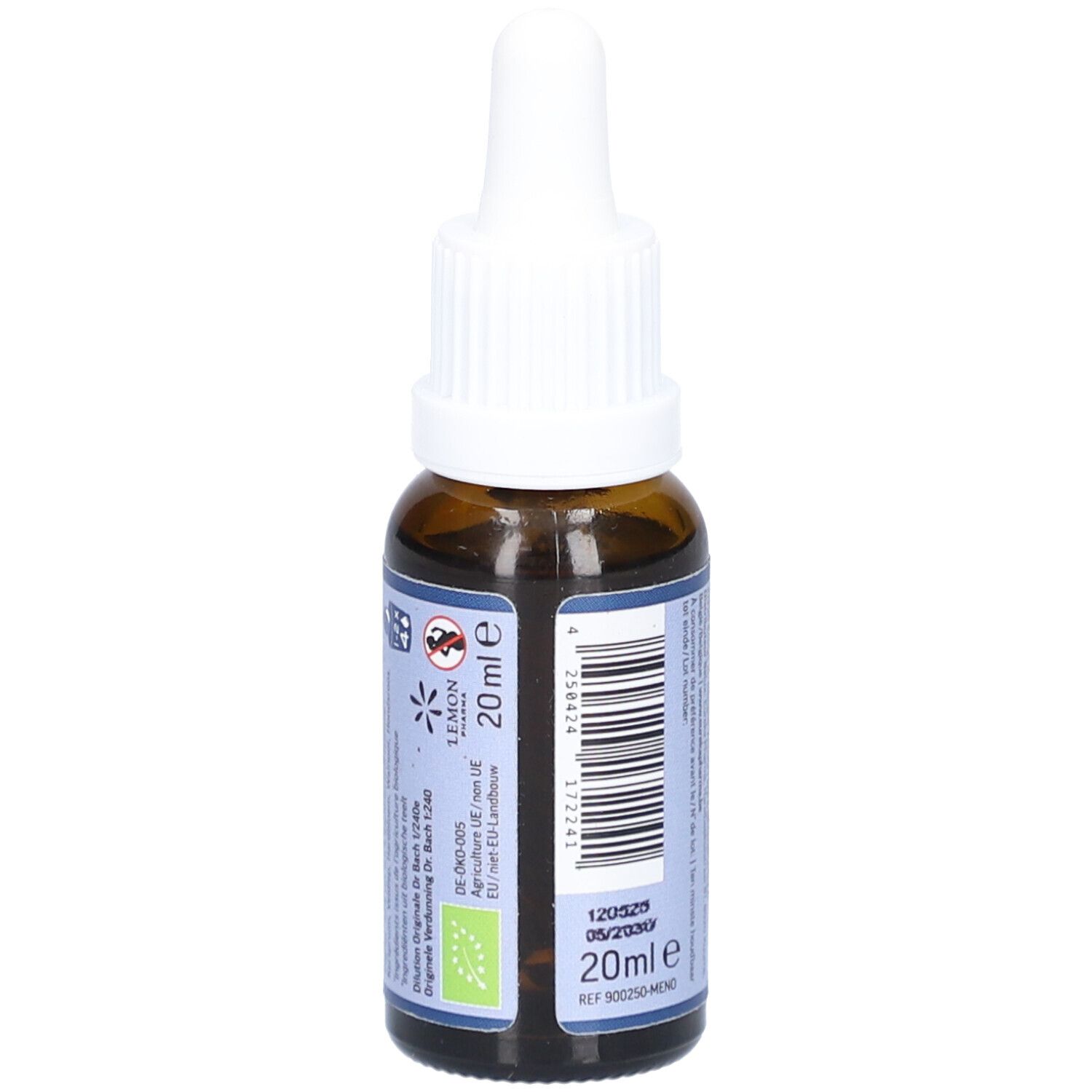 Flacon en verre brun avec bouchon blanc. Dos avec texte, label bio et 20ml.
