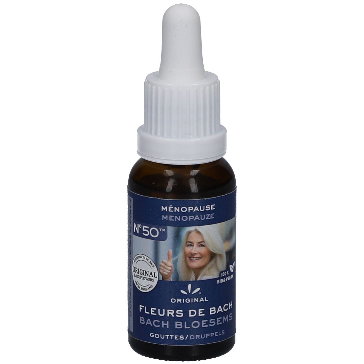 Flacon en verre brun avec bouchon blanc. Étiquette avec nom du produit, femme et pouce levé. Bio & vegan.