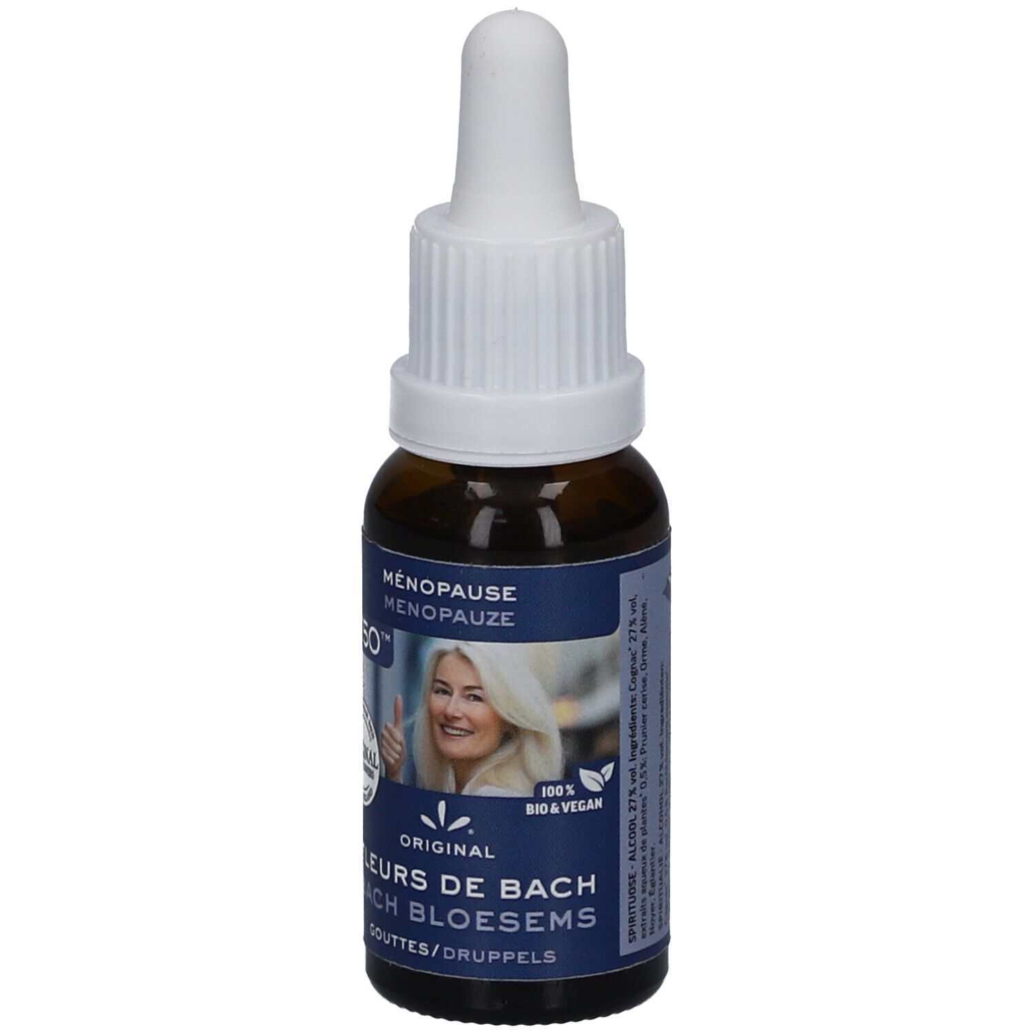 Flacon en verre brun avec bouchon blanc. Étiquette avec nom du produit, femme et pouce levé. Bio & vegan.