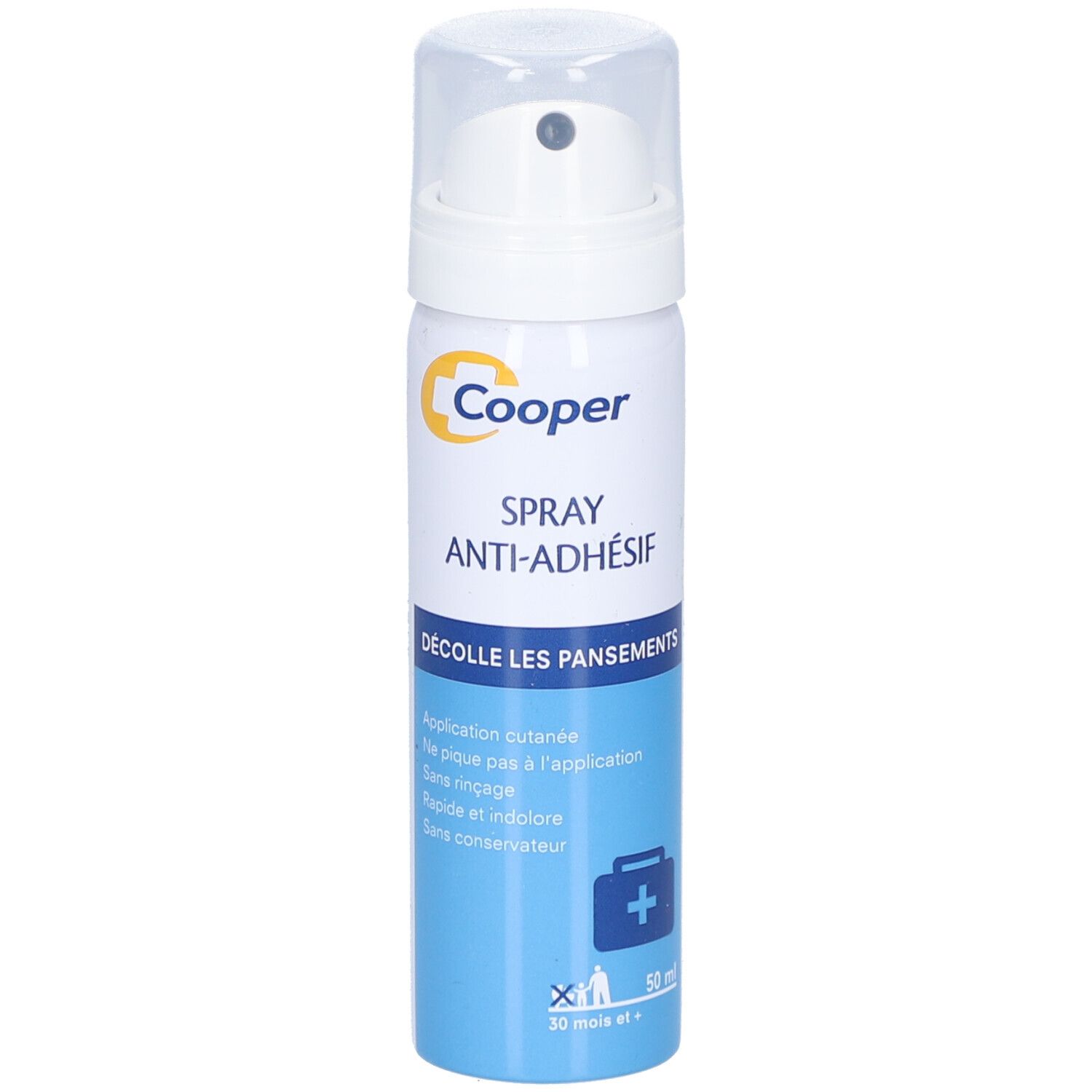 Flacon spray blanc et argenté avec tête de pulvérisation blanche. Inscription: Cooper, Spray Anti-Adhésif. Boîte bleue avec texte et croix.