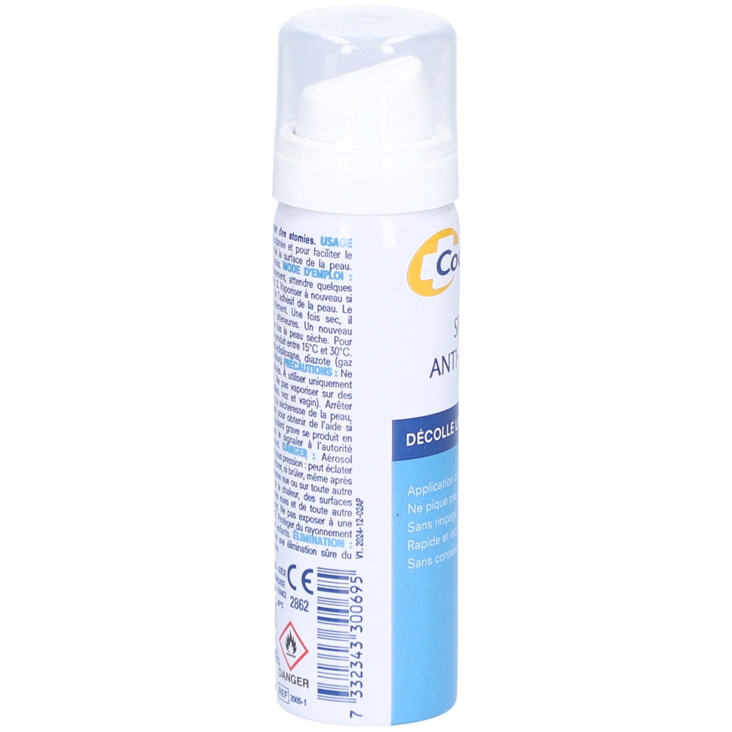 Flacon spray blanc-argenté avec tête de pulvérisation blanche. Dos avec texte et logos. Contient des informations et des avertissements.