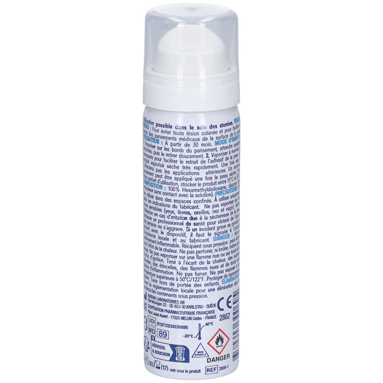 Flacon spray blanc-argenté avec tête de pulvérisation blanche. Dos avec texte et logos. Contient des informations et des avertissements.