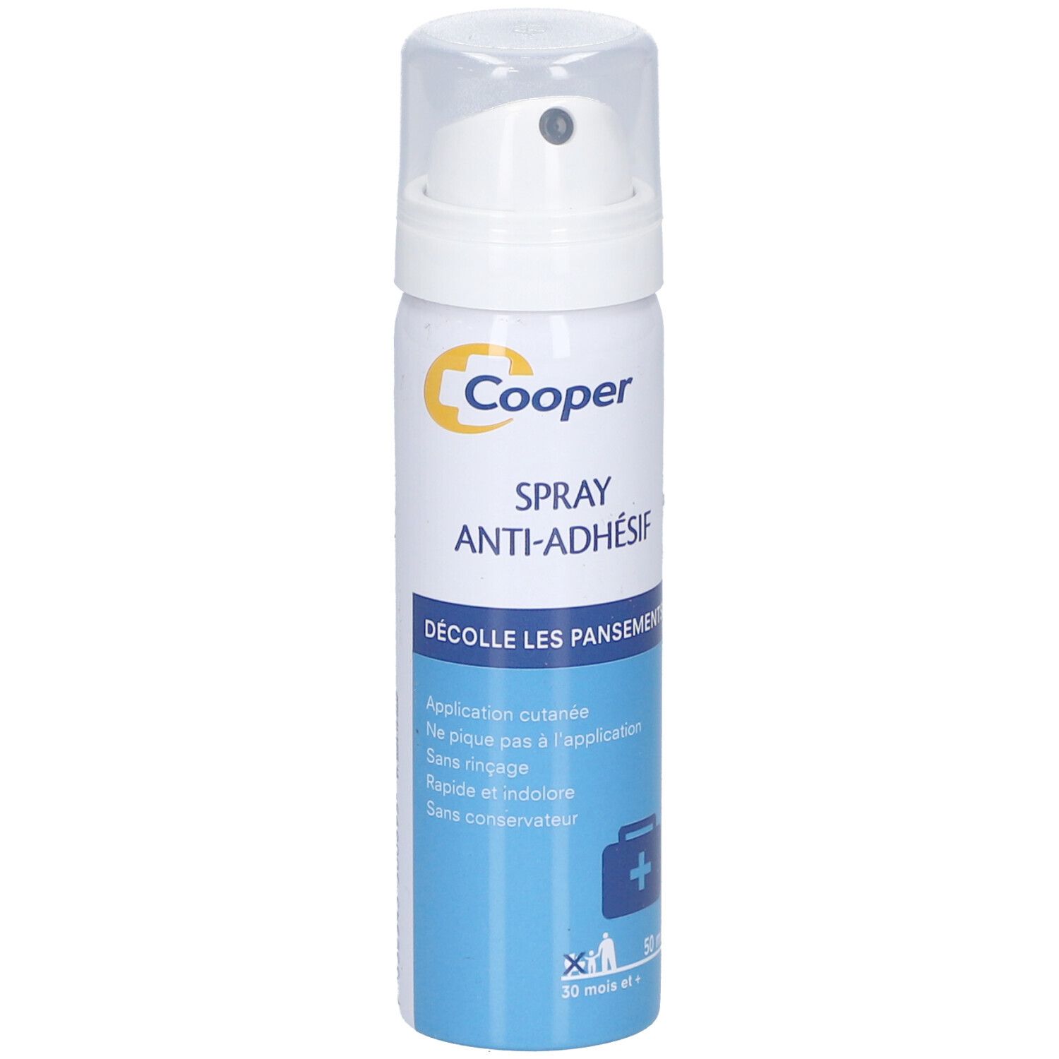 Flacon spray blanc et argenté avec tête de pulvérisation blanche. Inscription: Cooper, Spray Anti-Adhésif. Boîte bleue avec texte et croix.