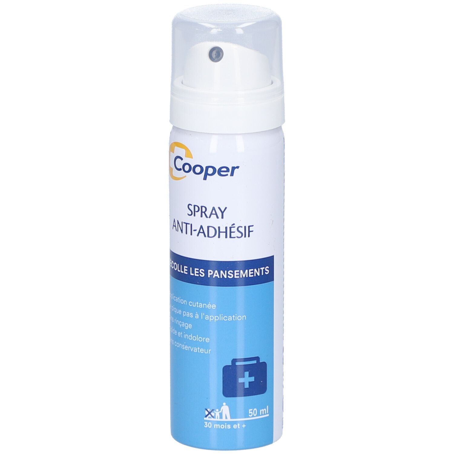 Flacon spray blanc et argenté avec tête de pulvérisation blanche. Inscription: Cooper, Spray Anti-Adhésif. Boîte bleue avec texte et croix.