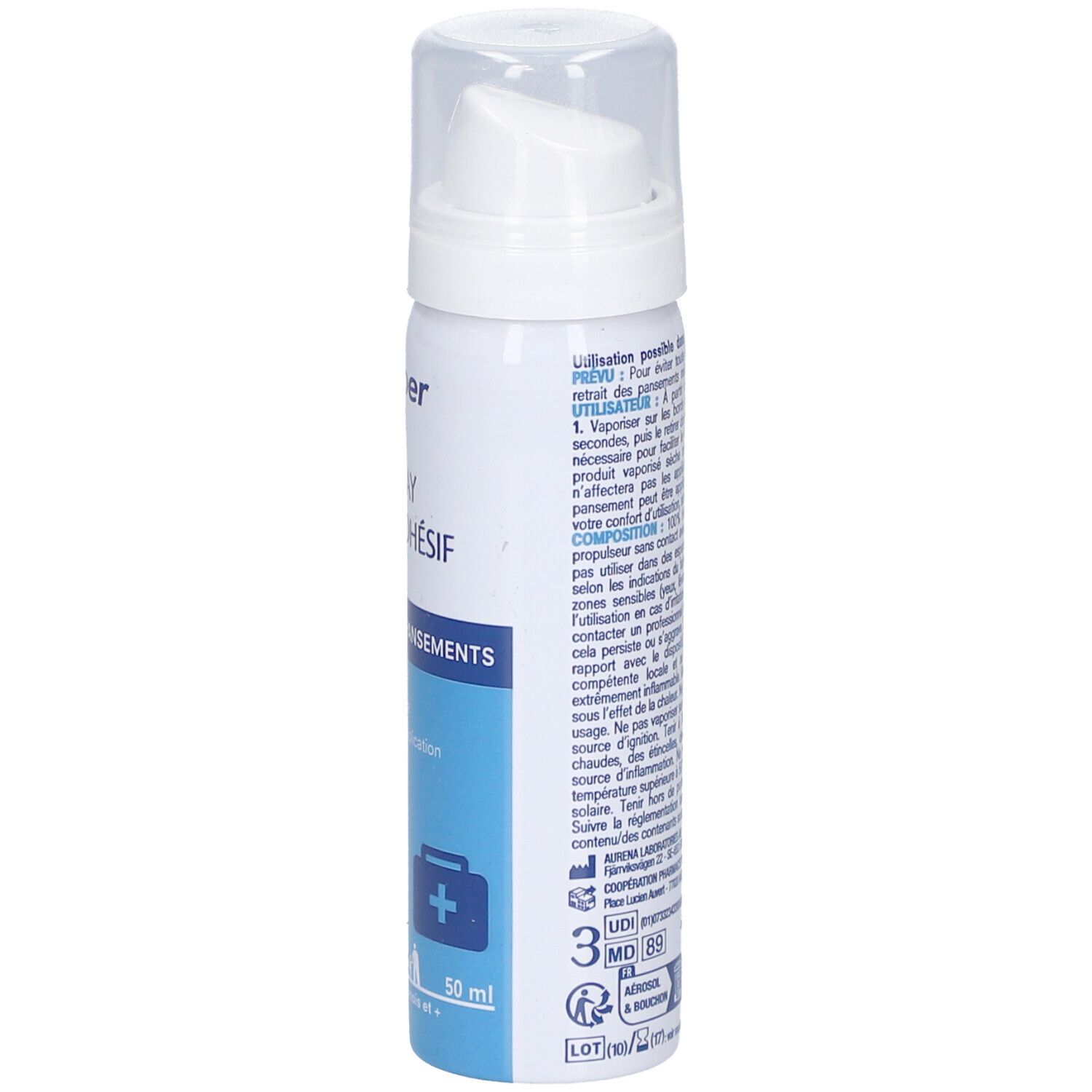 Flacon spray blanc-argenté avec tête de pulvérisation blanche. Dos avec texte et logos. Contient des informations et des avertissements.