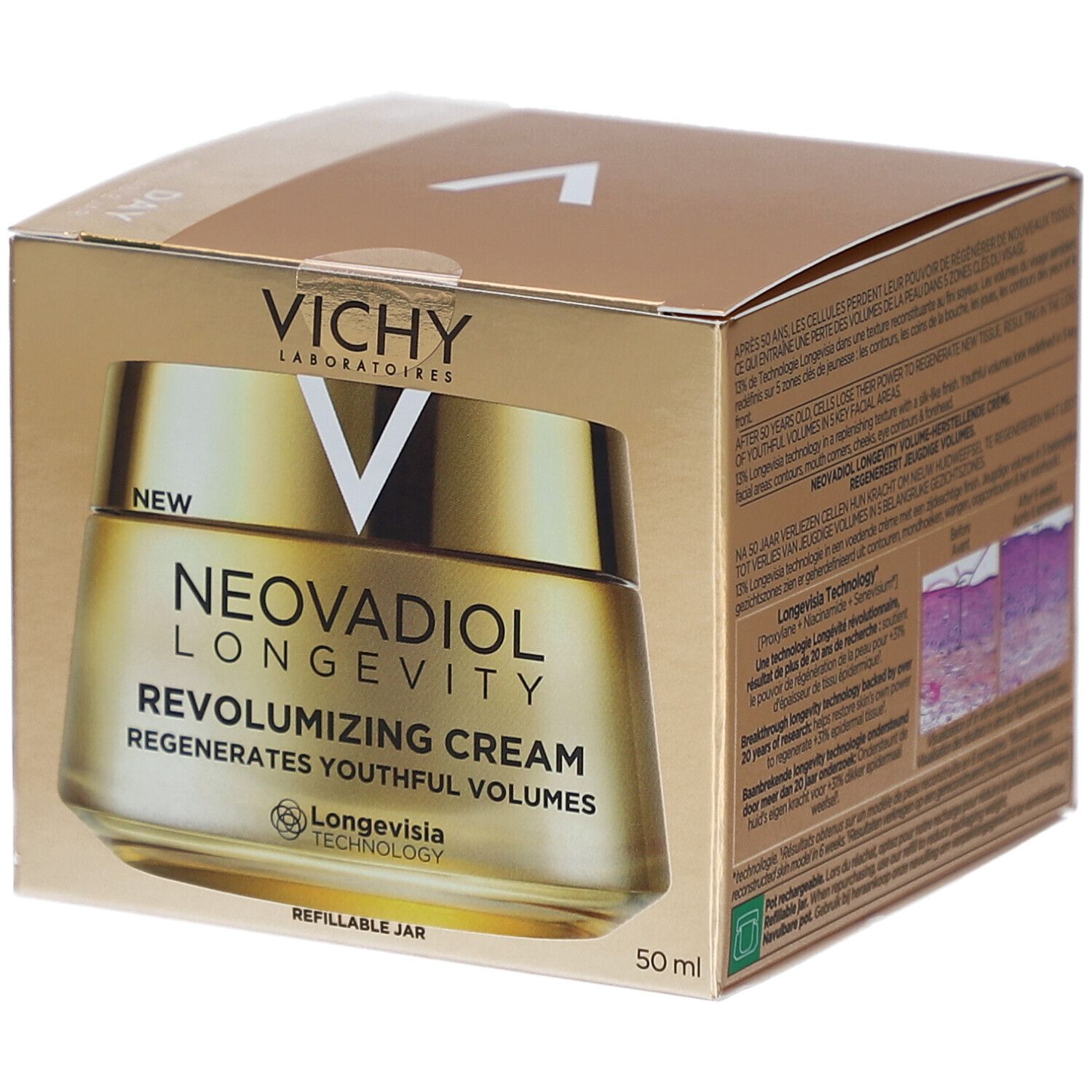 Boîte dorée avec pot de crème. Inscriptions: VICHY, NEOVADIOL LONGEVITY, REVOLUMIZING CREAM. 50 ml.