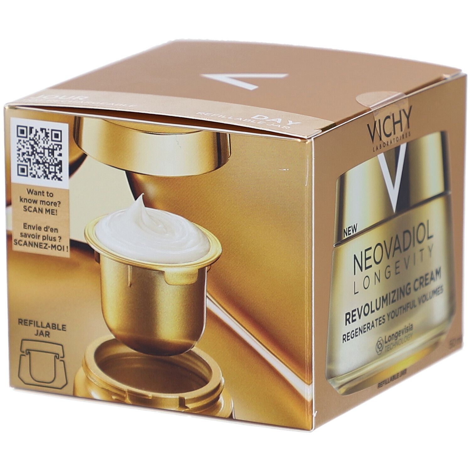 Boîte dorée avec pot de crème et insert amovible. Inscriptions: VICHY, NEOVADIOL LONGEVITY.