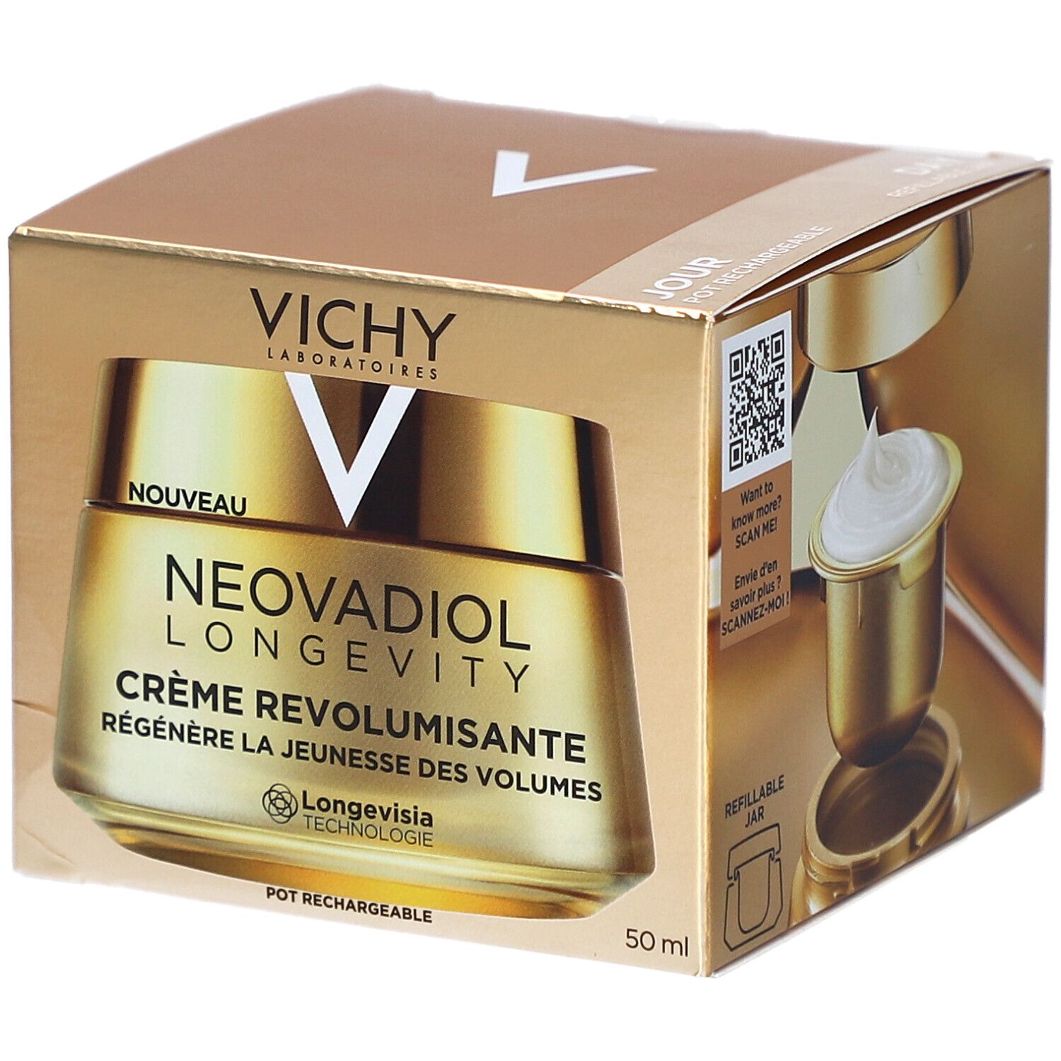 Boîte dorée avec pot de crème. Inscriptions: VICHY, NEOVADIOL LONGEVITY, CRÈME REVOLUMISANTE. 50 ml.