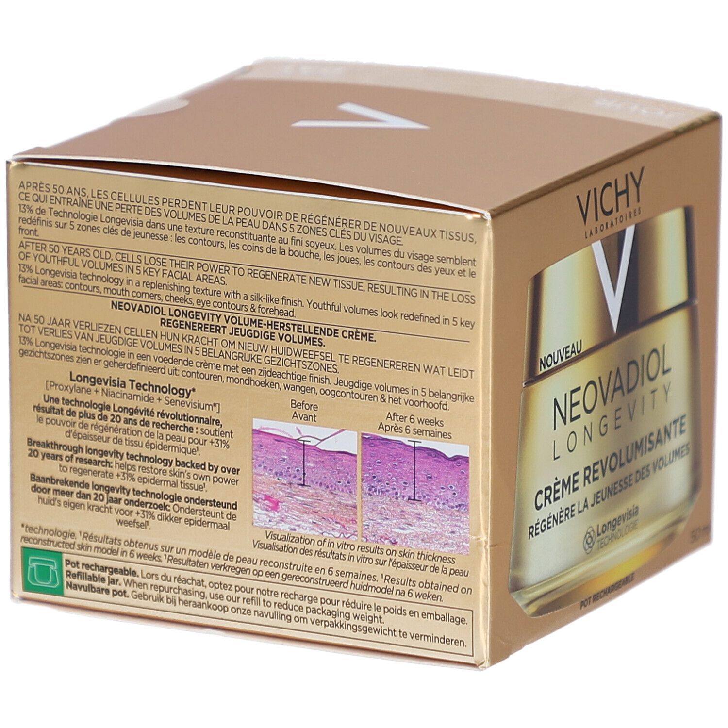 Dos de la boîte dorée avec texte et illustrations. Inscriptions: VICHY, NEOVADIOL LONGEVITY, CRÈME REVOLUMISANTE.