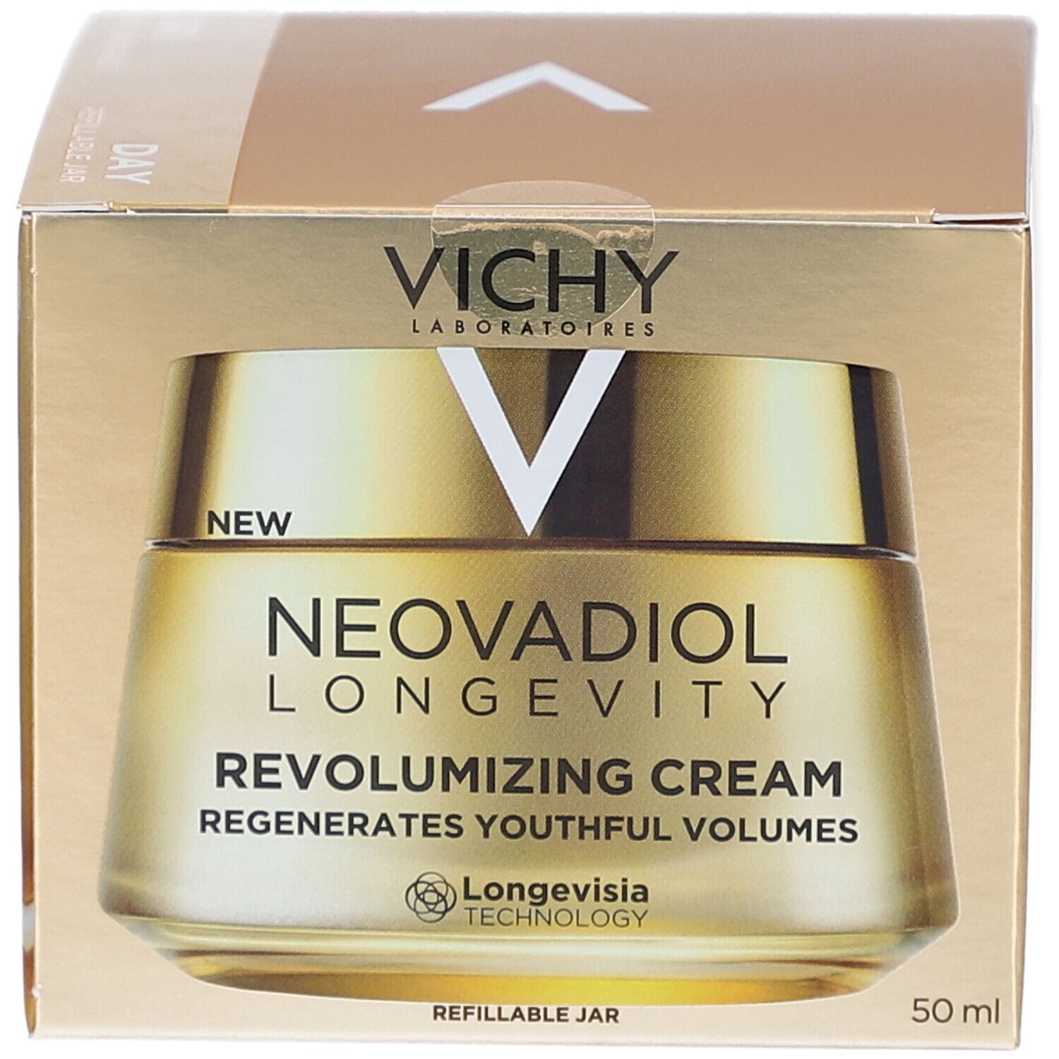 Pot de crème doré dans une boîte. Inscriptions: VICHY, NEOVADIOL LONGEVITY, REVOLUMIZING CREAM. 50 ml.