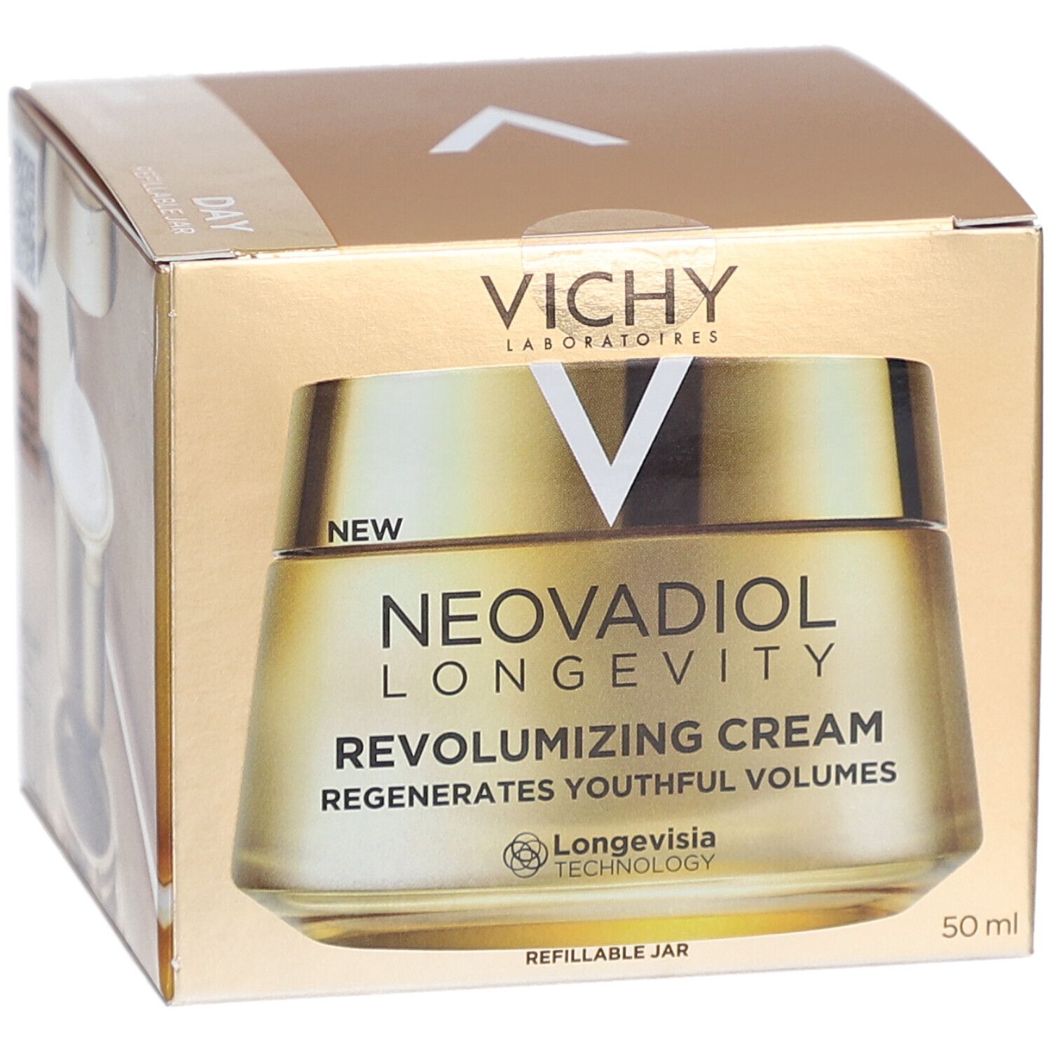Pot de crème doré dans une boîte. Inscriptions: VICHY, NEOVADIOL LONGEVITY, REVOLUMIZING CREAM. 50 ml.