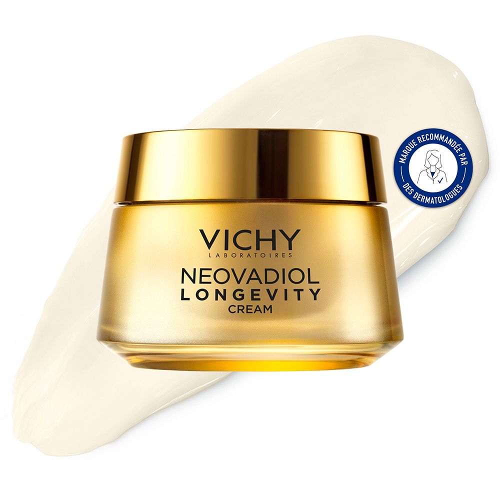Pot doré avec couvercle. Inscription: VICHY, NEOVADIOL LONGEVITY CREAM. Avec crème et sceau.