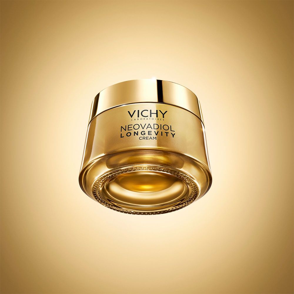 Pot doré. Inscription: VICHY, NEOVADIOL LONGEVITY CREAM.