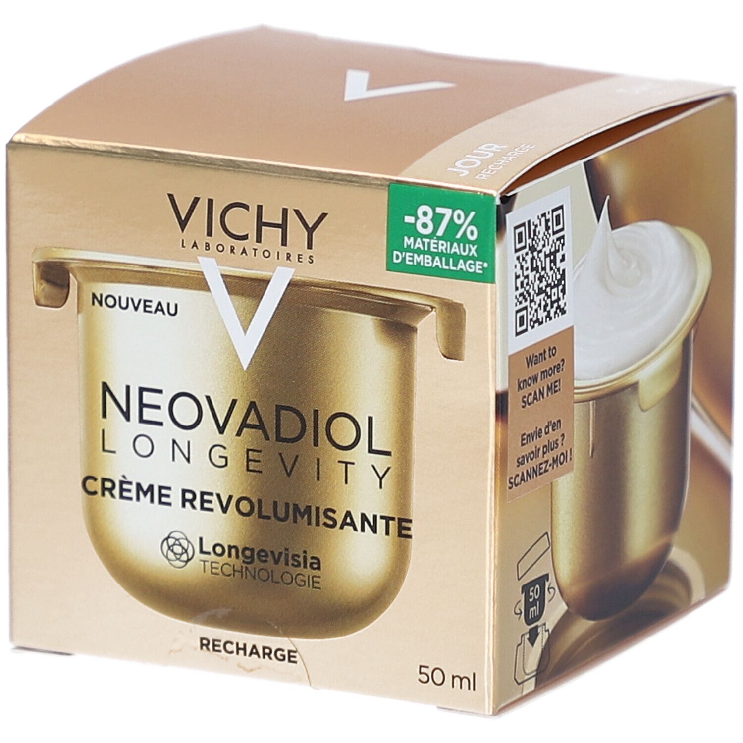 Boîte dorée avec image du produit. Inscription: VICHY, NEOVADIOL LONGEVITY, Crème Revolumisante. 50 ml. Code QR.