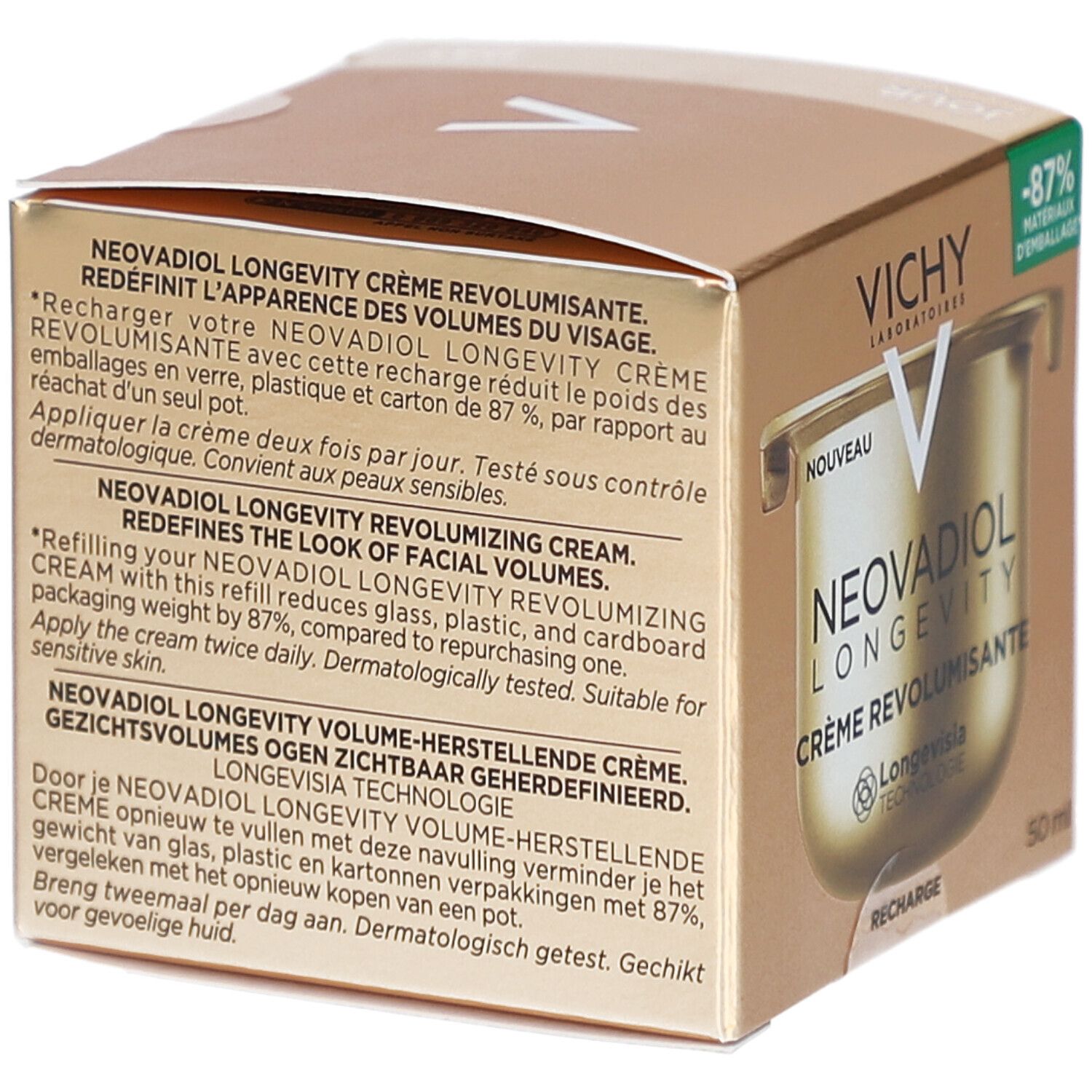 Dos de la boîte. Texte en allemand, français et néerlandais. Contient des informations sur le produit et son utilisation.