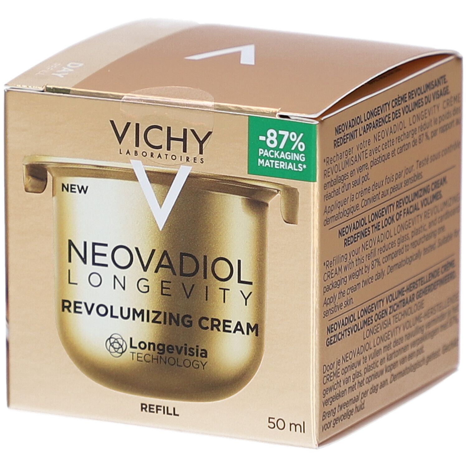 Boîte dorée avec image du produit. Inscription: VICHY, NEOVADIOL LONGEVITY, Revolumizing Cream. 50 ml. Recharge.
