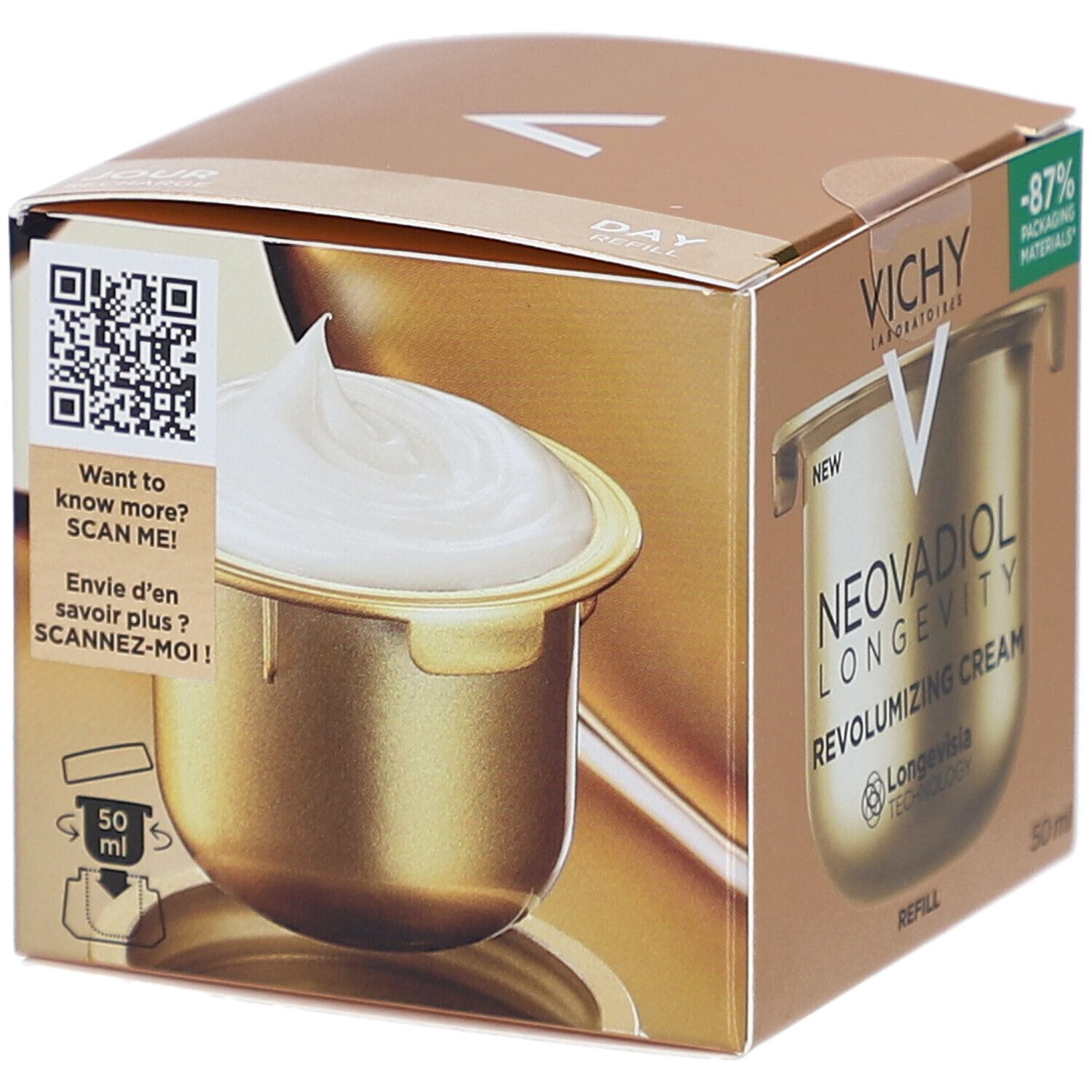 Boîte dorée avec image du produit. Inscription: VICHY, NEOVADIOL LONGEVITY, Revolumizing Cream. 50 ml. Code QR.
