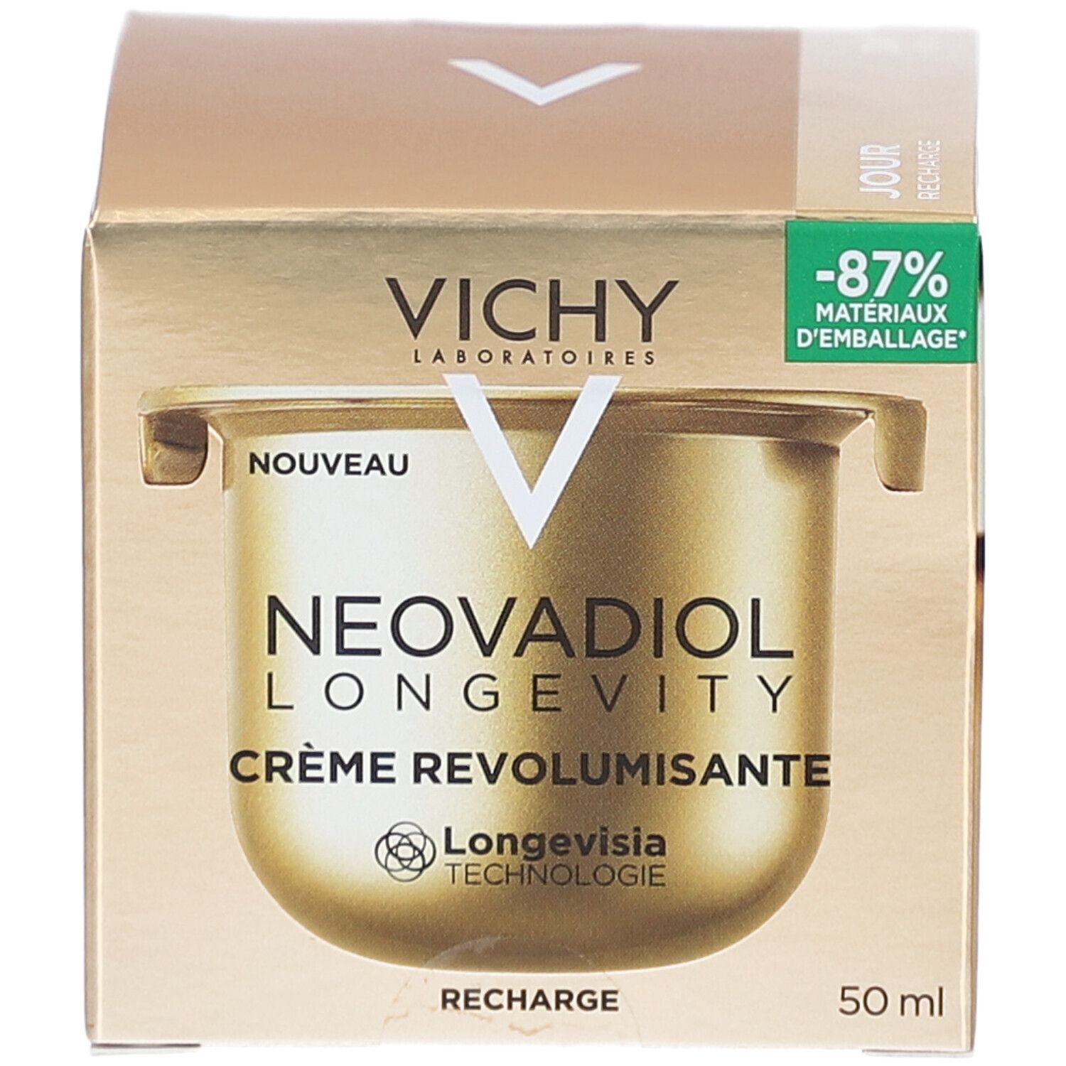 Boîte dorée avec image du produit. Inscription: VICHY, NEOVADIOL LONGEVITY, Crème Revolumisante. 50 ml. Recharge.