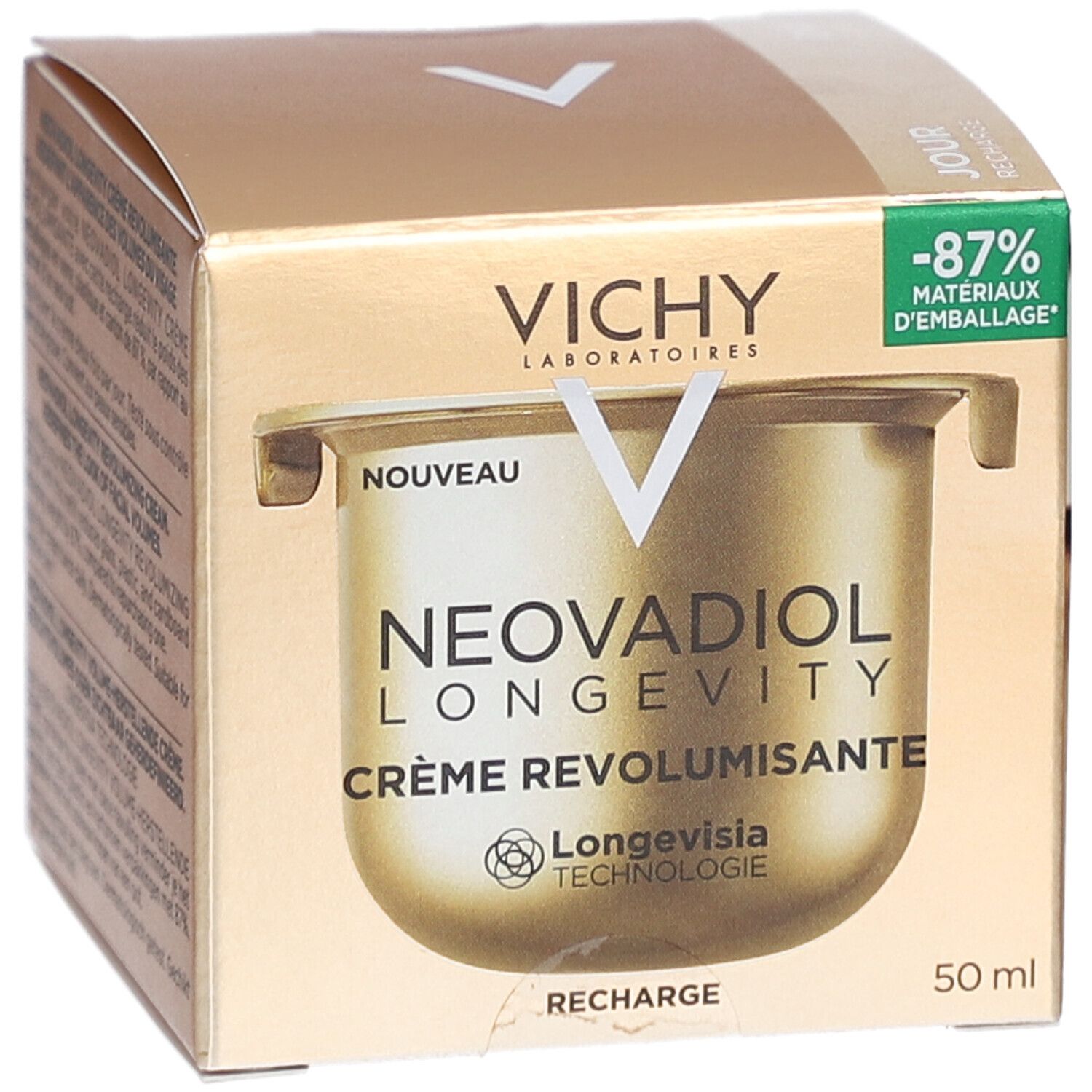 Boîte dorée avec image du produit. Inscription: VICHY, NEOVADIOL LONGEVITY, Crème Revolumisante. 50 ml.