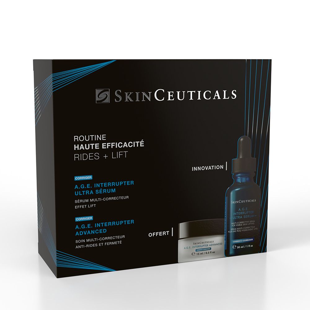 Coffret noir SKINCEUTICALS. Contient sérum et crème. Inscription : Routine Haute Efficacité Rides + Lift. Logo et texte en blanc.