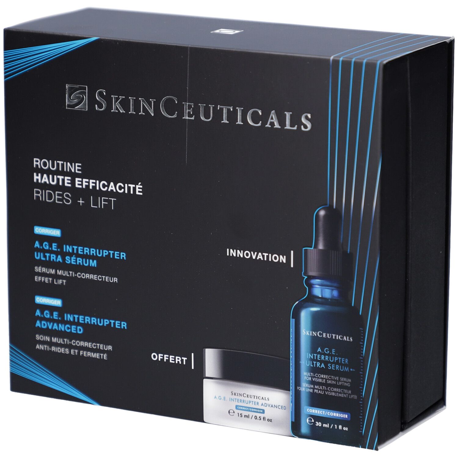 Coffret noir SKINCEUTICALS. Contient sérum et crème. Inscription : Routine Haute Efficacité Rides + Lift. Logo et mentions sur l'emballage.