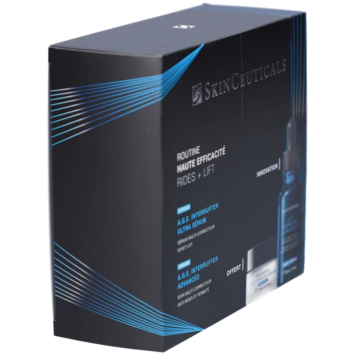 Coffret noir SKINCEUTICALS. Sérum et crème. Éléments bleus. Inscription : Routine Haute Efficacité Rides + Lift. Vue en perspective.