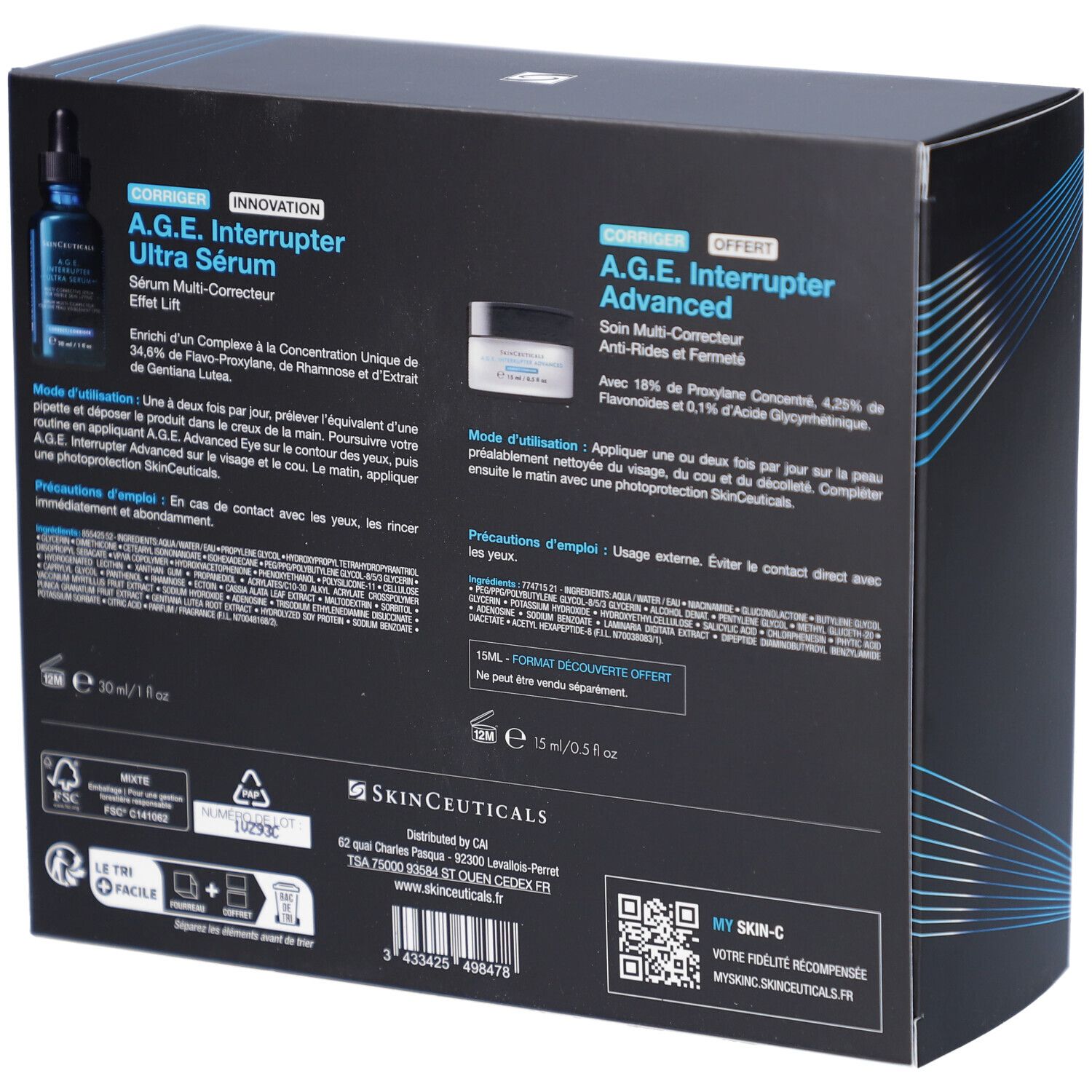 Dos du coffret SKINCEUTICALS. Informations produit, ingrédients, QR code et coordonnées. Texte en plusieurs langues.