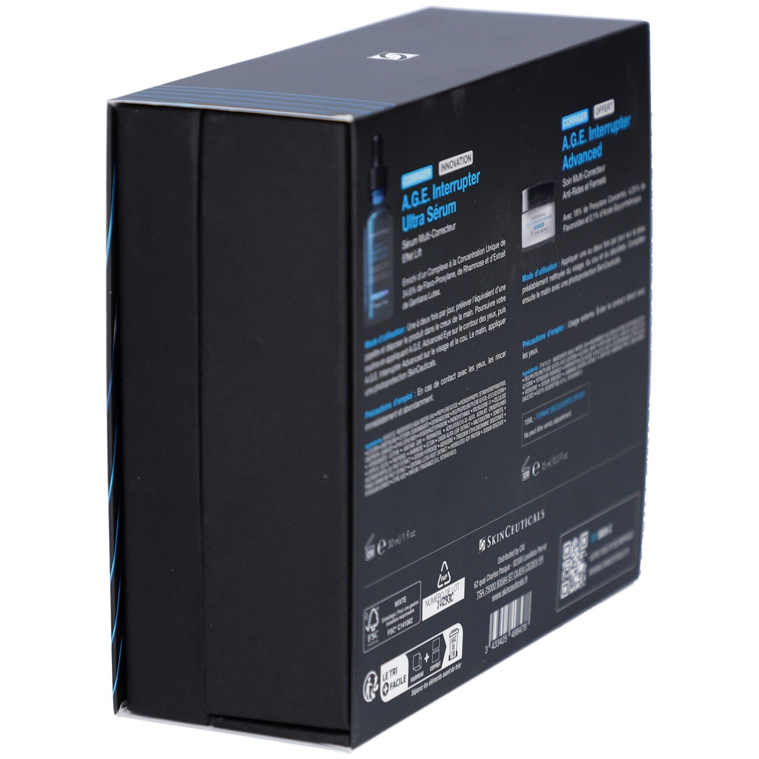 Vue latérale du coffret SKINCEUTICALS. Informations produit. Boîte noire avec éléments bleus. Texte en plusieurs langues.