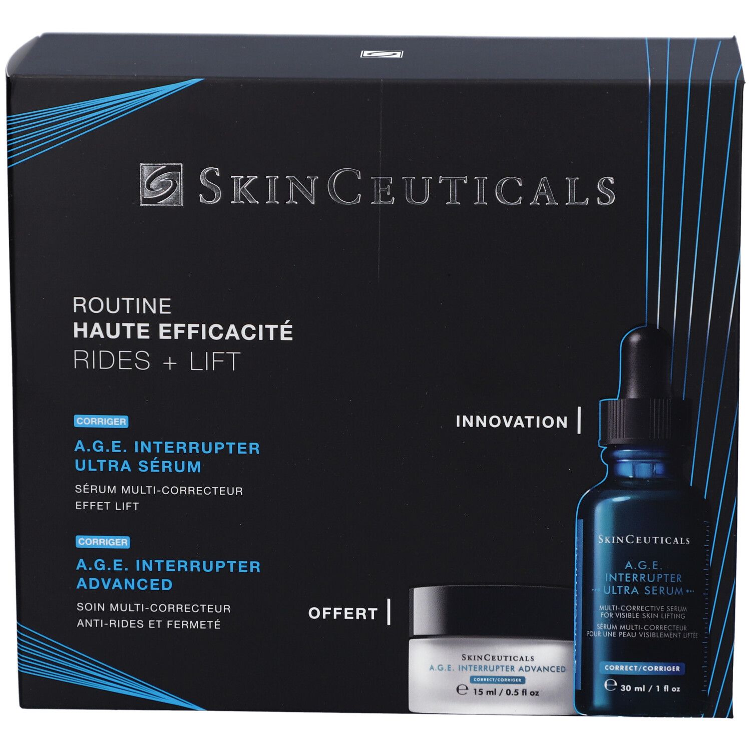 Coffret noir SKINCEUTICALS. Sérum et crème. Inscription : Routine Haute Efficacité Rides + Lift. Produits côte à côte.