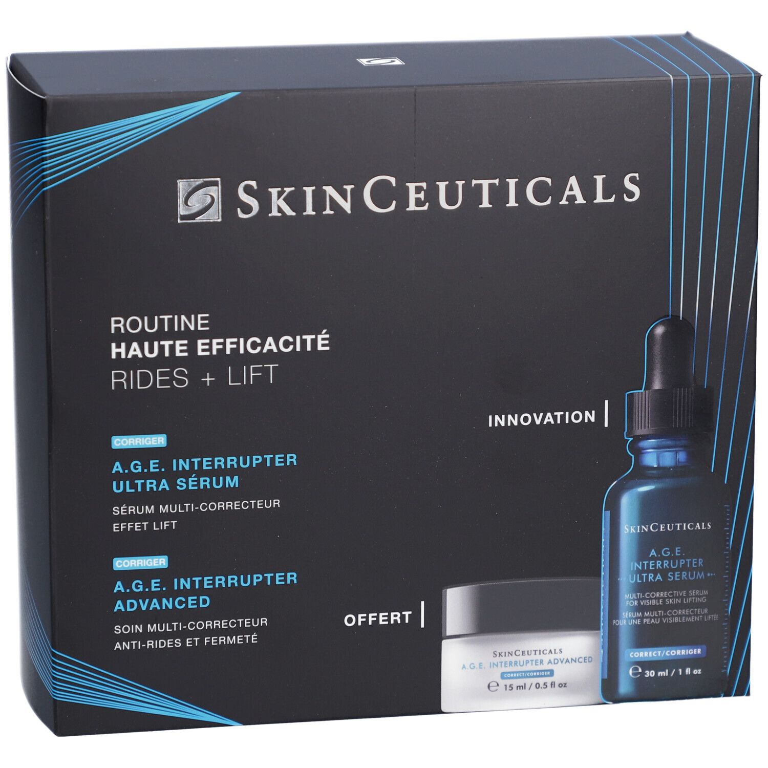Coffret noir SKINCEUTICALS. Sérum et crème. Inscription : Routine Haute Efficacité Rides + Lift. Produits côte à côte.