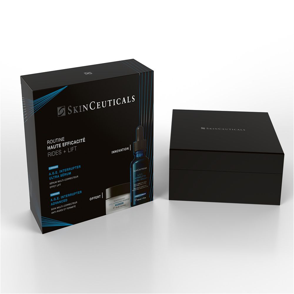 Coffret noir SKINCEUTICALS ouvert. Contient sérum et crème. Inscription : Routine Haute Efficacité Rides + Lift. Logo et texte en blanc.